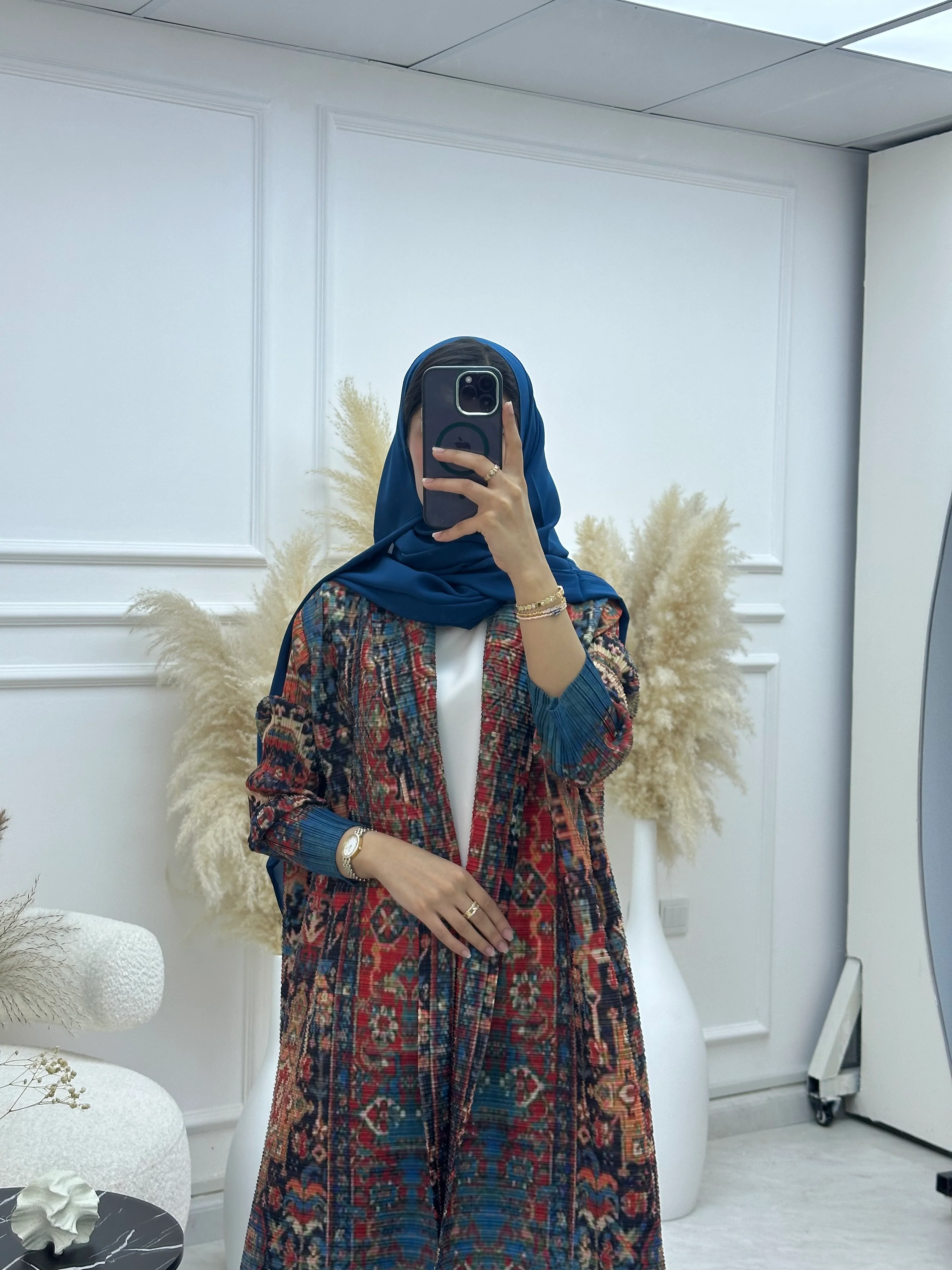 C RTW 03 Teal Pleated Print Abaya - Image 3