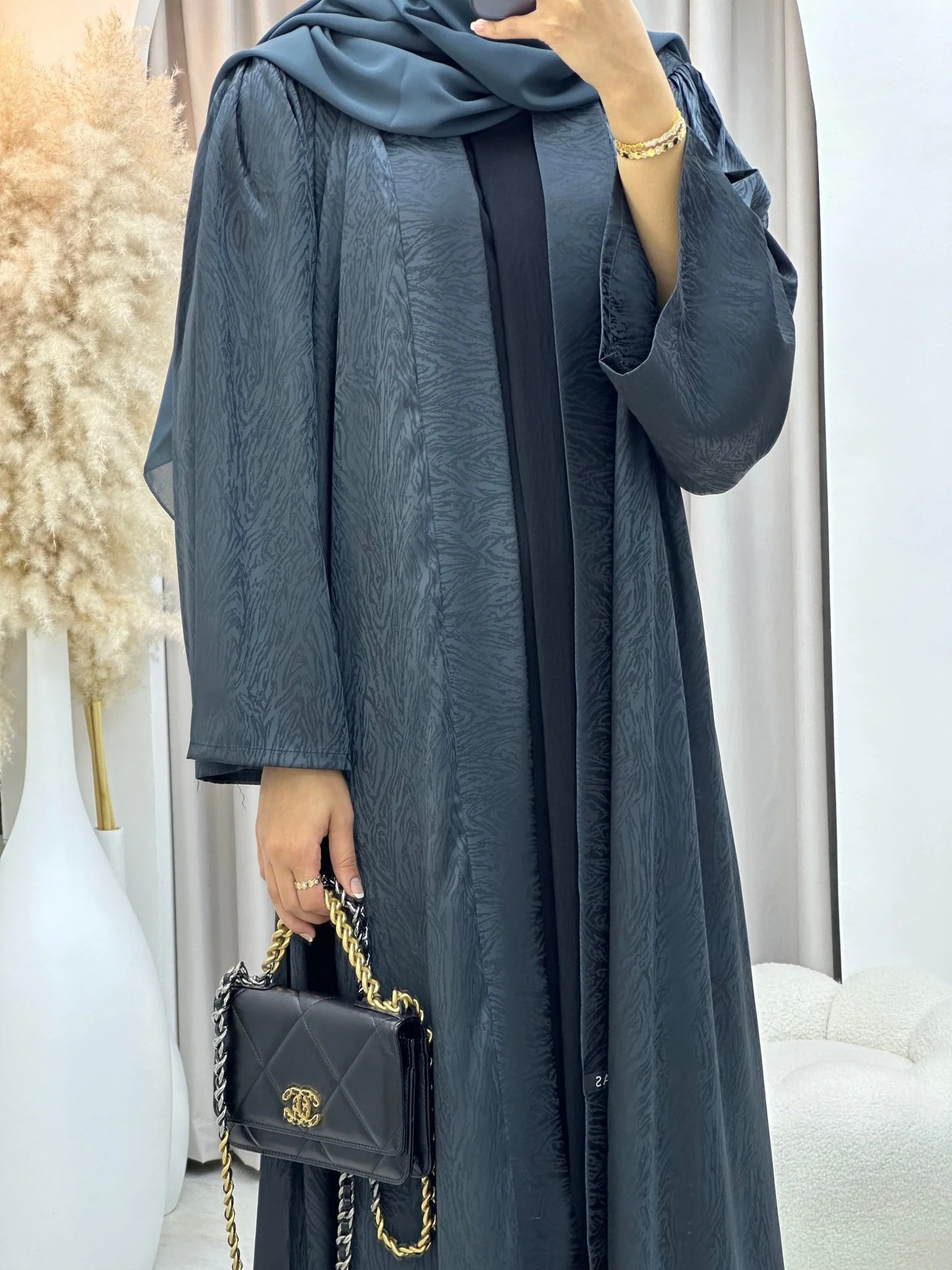 C 0325-03 Dark Grey Moire Printed Abaya - Image 3