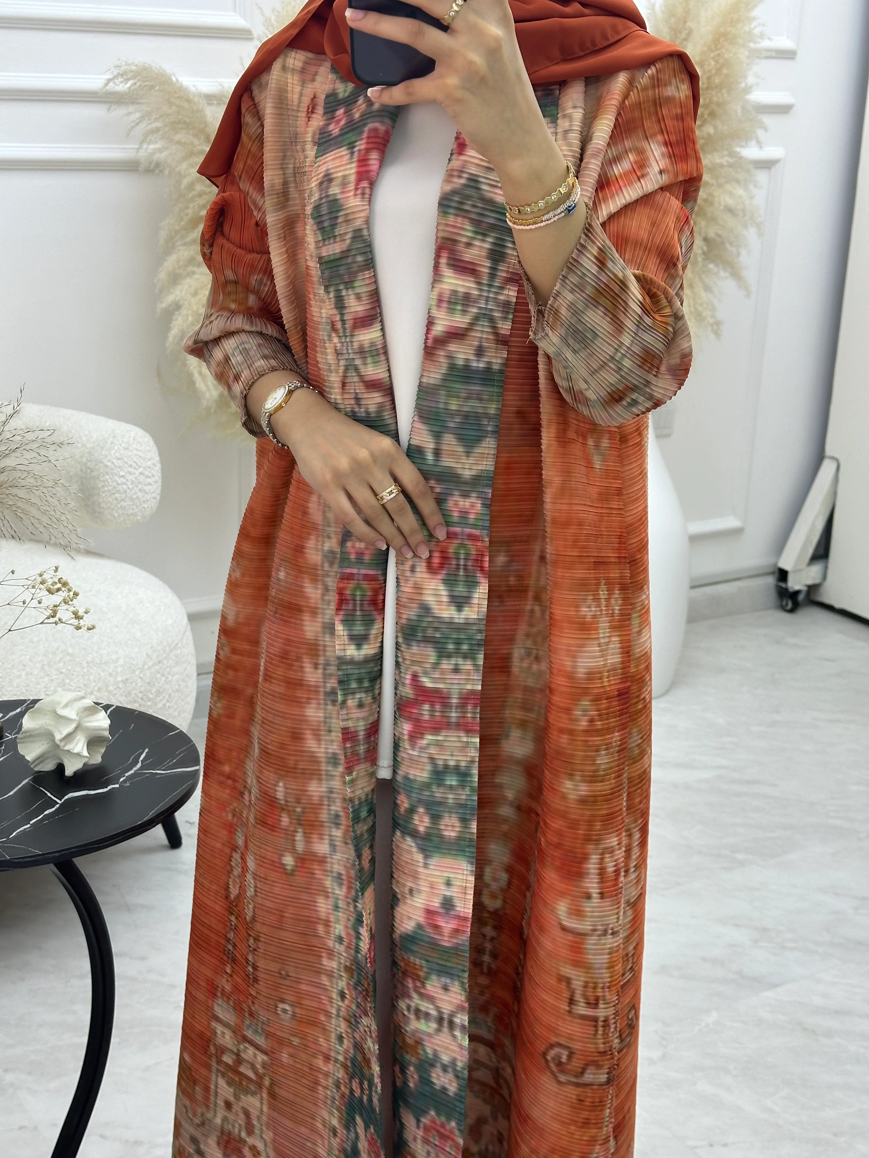 C RTW 04 Orange Pleated Print Abaya - Image 2