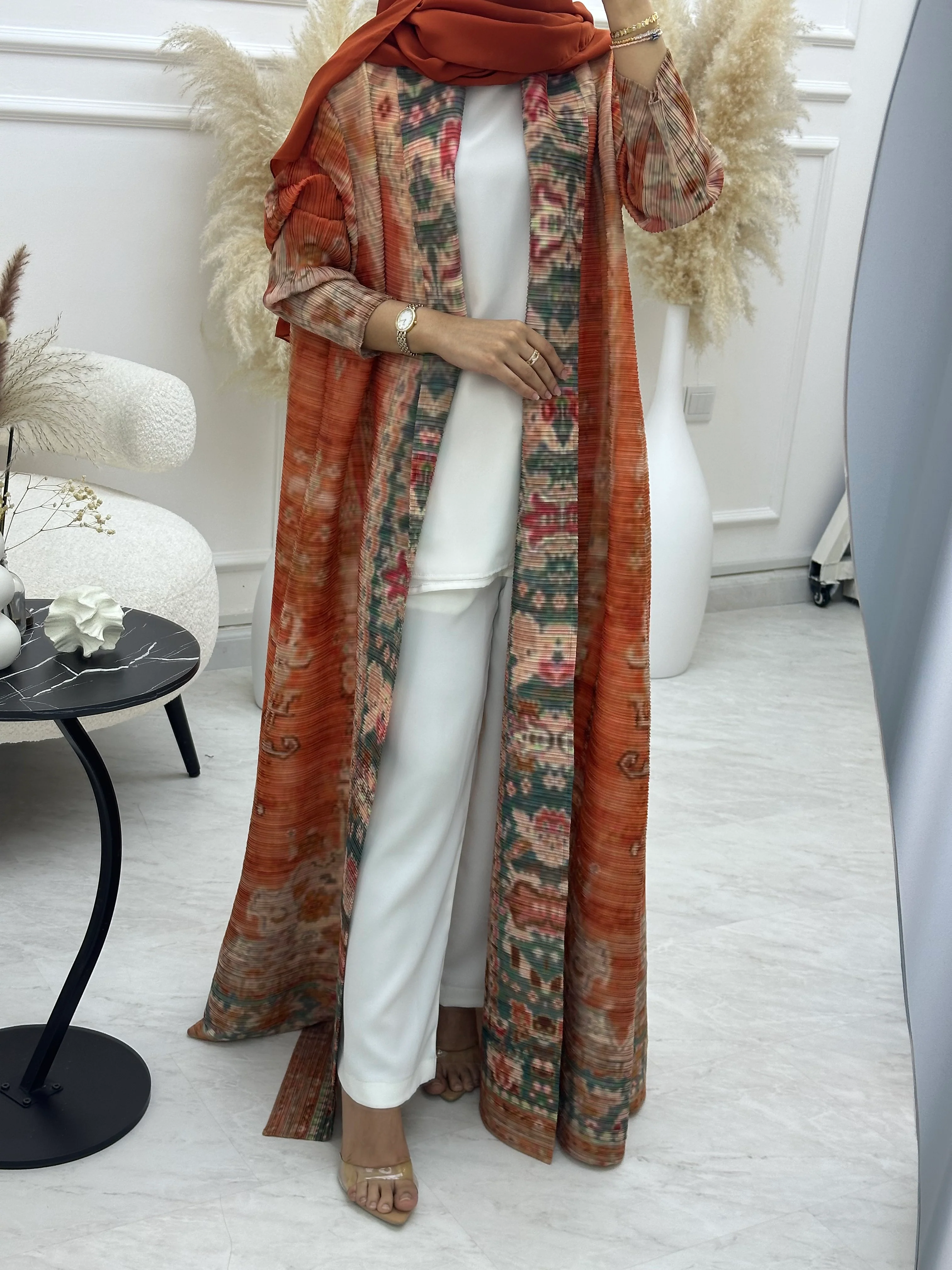 C RTW 04 Orange Pleated Print Abaya - Image 3