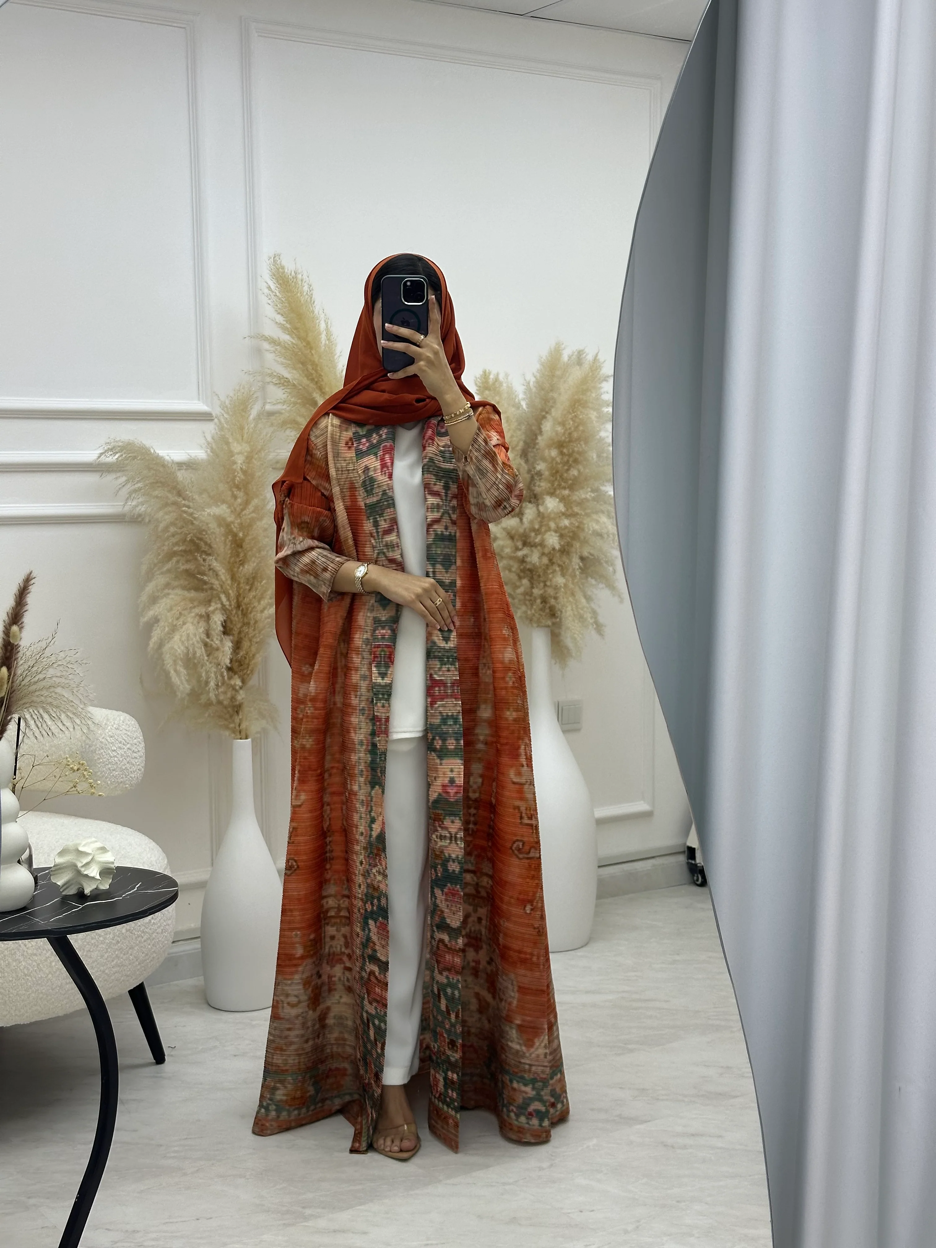 C RTW 04 Orange Pleated Print Abaya - Image 4