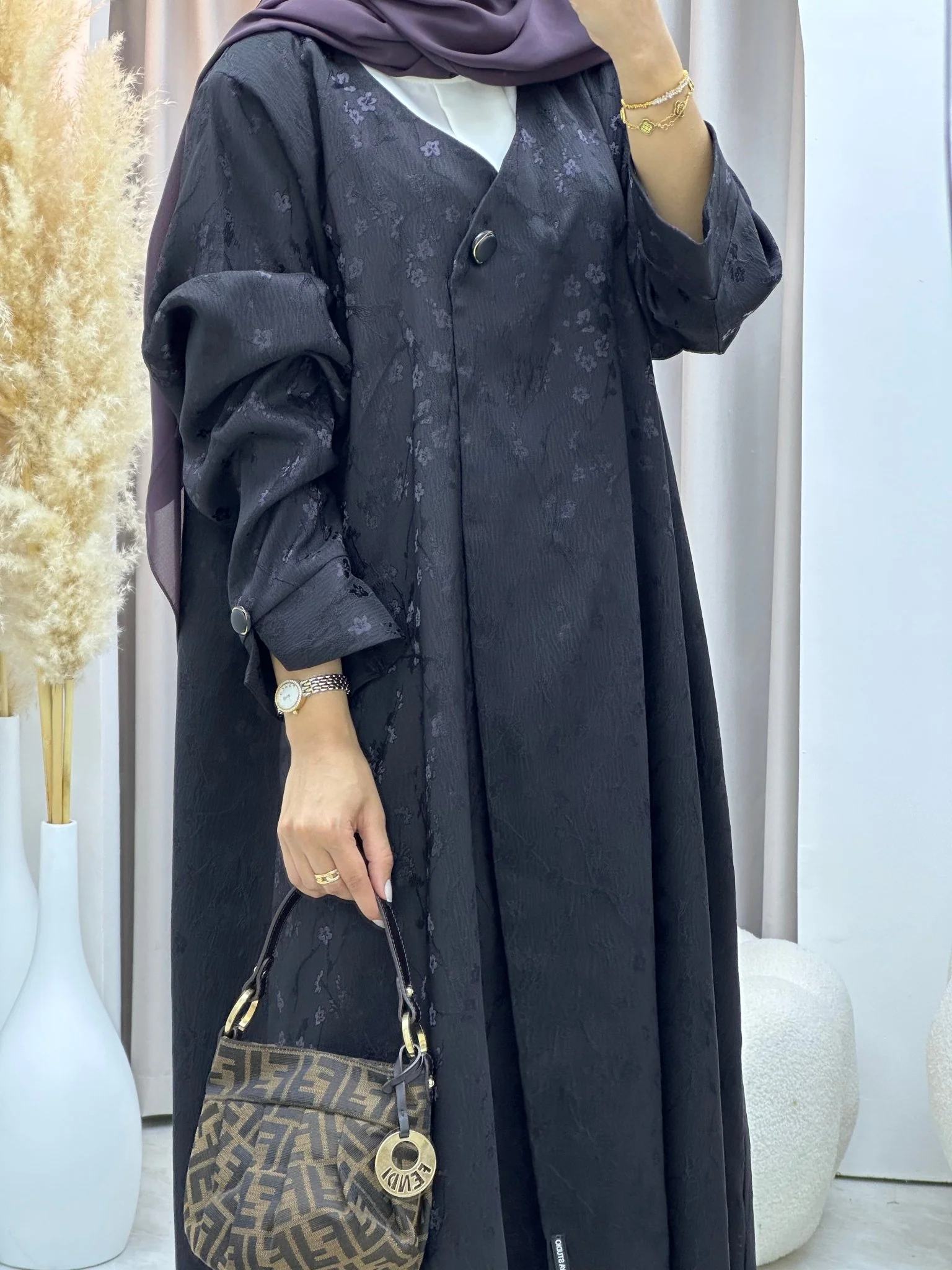 C 0587-03 Purple Floral Printed Abaya - Image 2