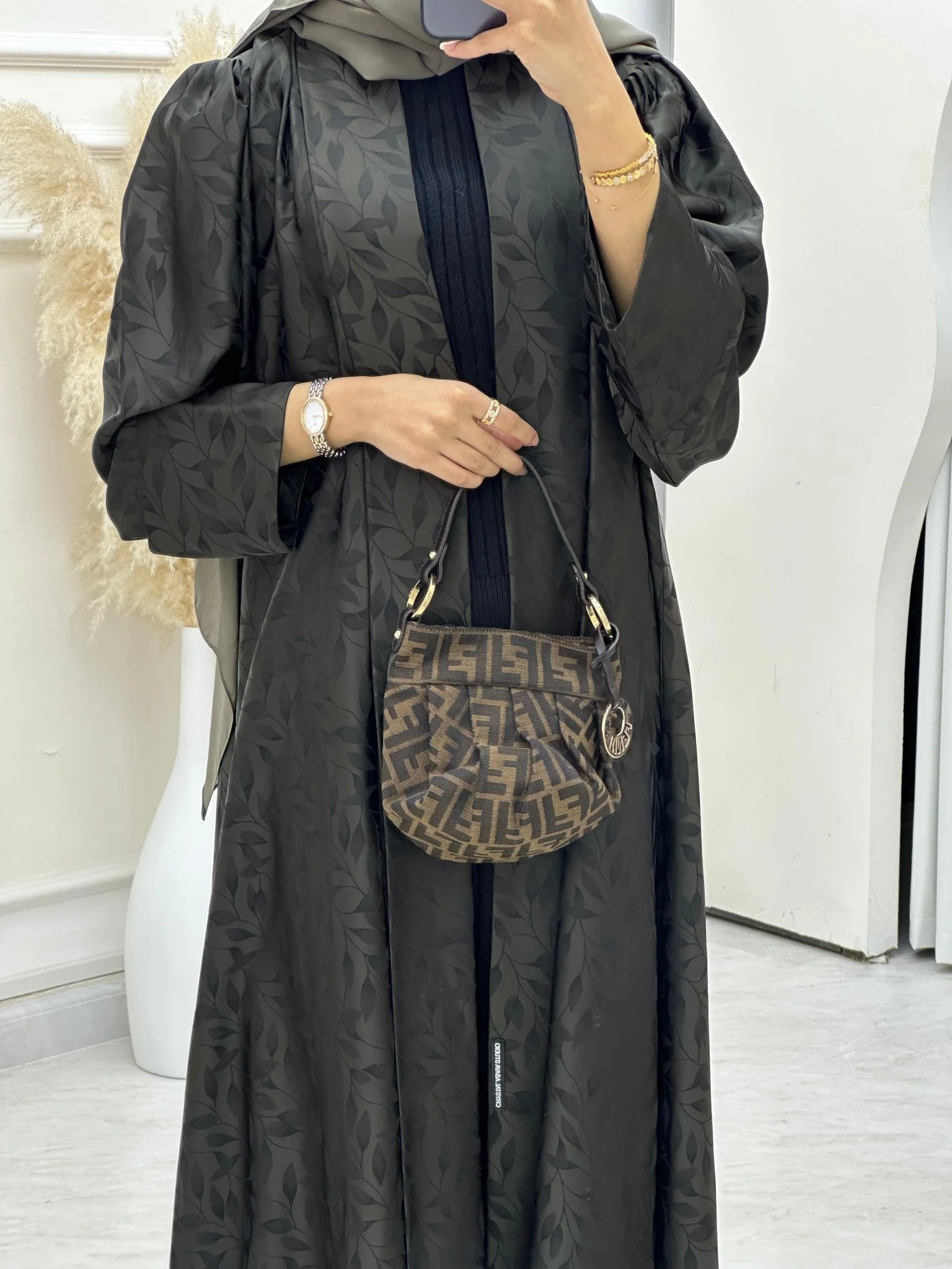 C RTW 0632-03 Green Leaf Print Abaya - Image 2
