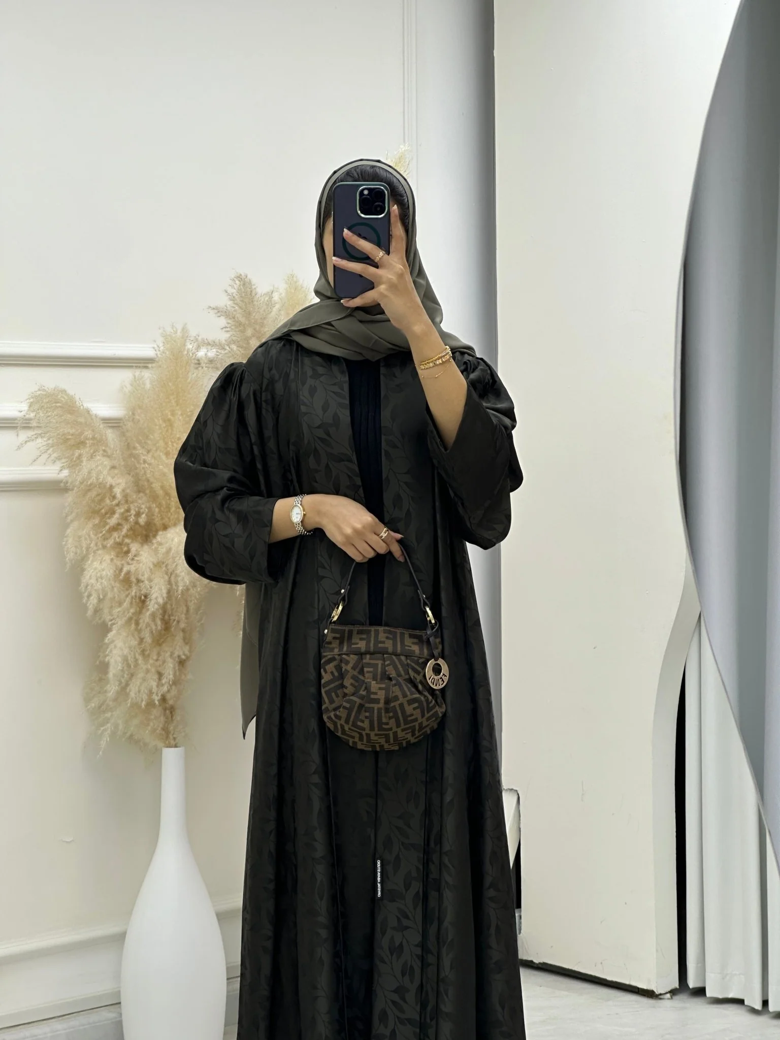 C RTW 0632-03 Green Leaf Print Abaya - Image 3