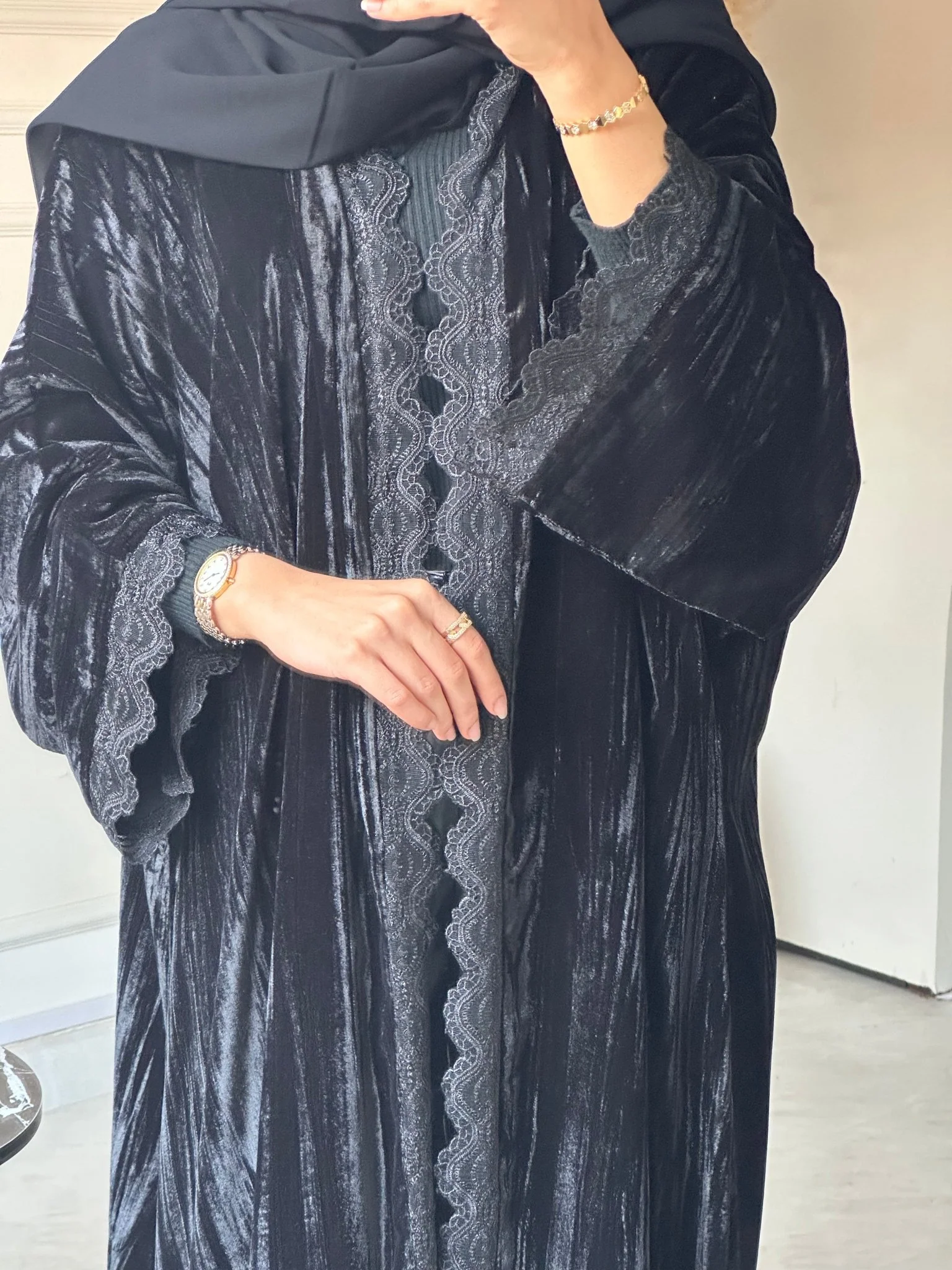 C RTW 0648 Black Velvet Lace Bisht Abaya - Image 6