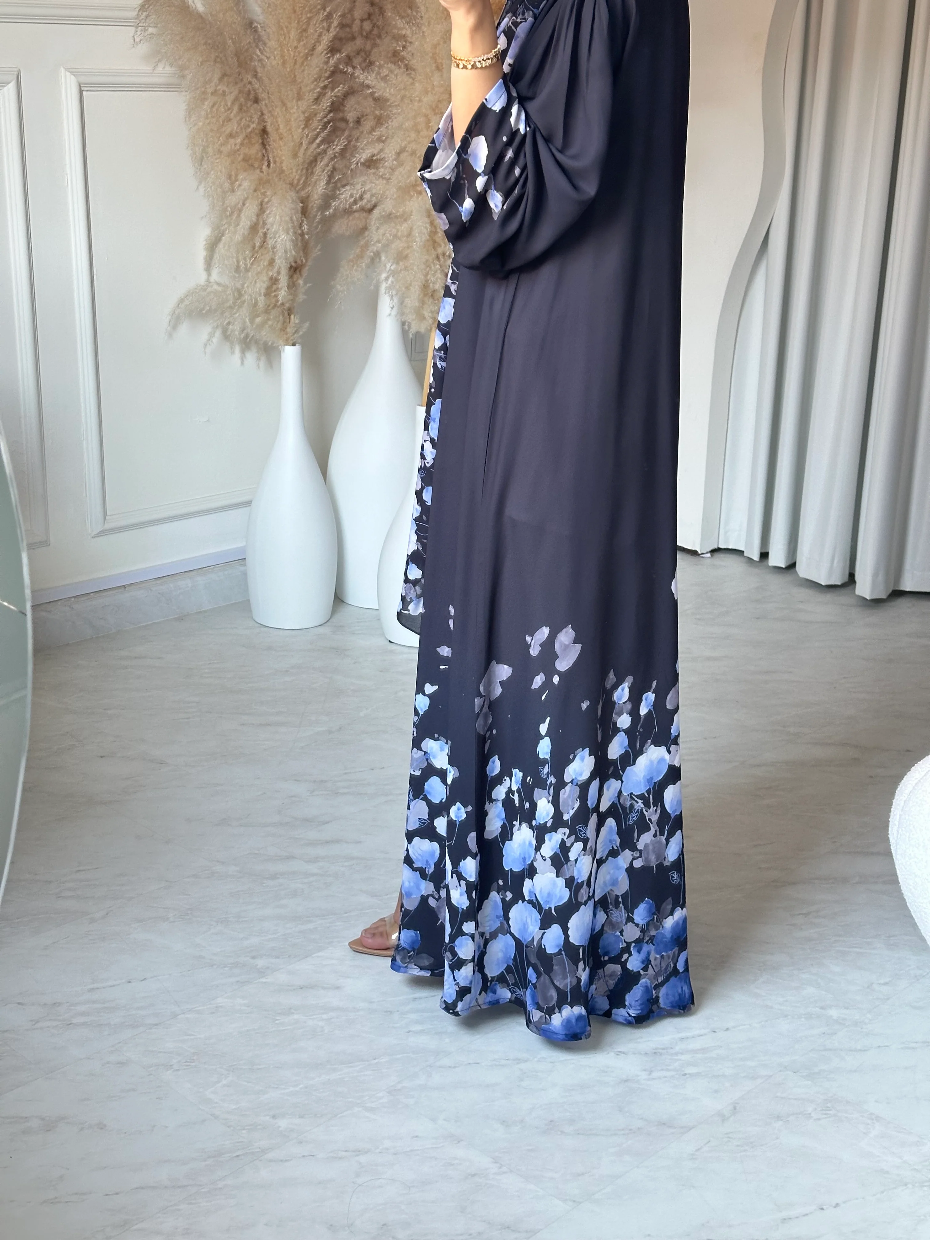 C RTW 0665 Black Grey Floral Printed Abaya - Image 6