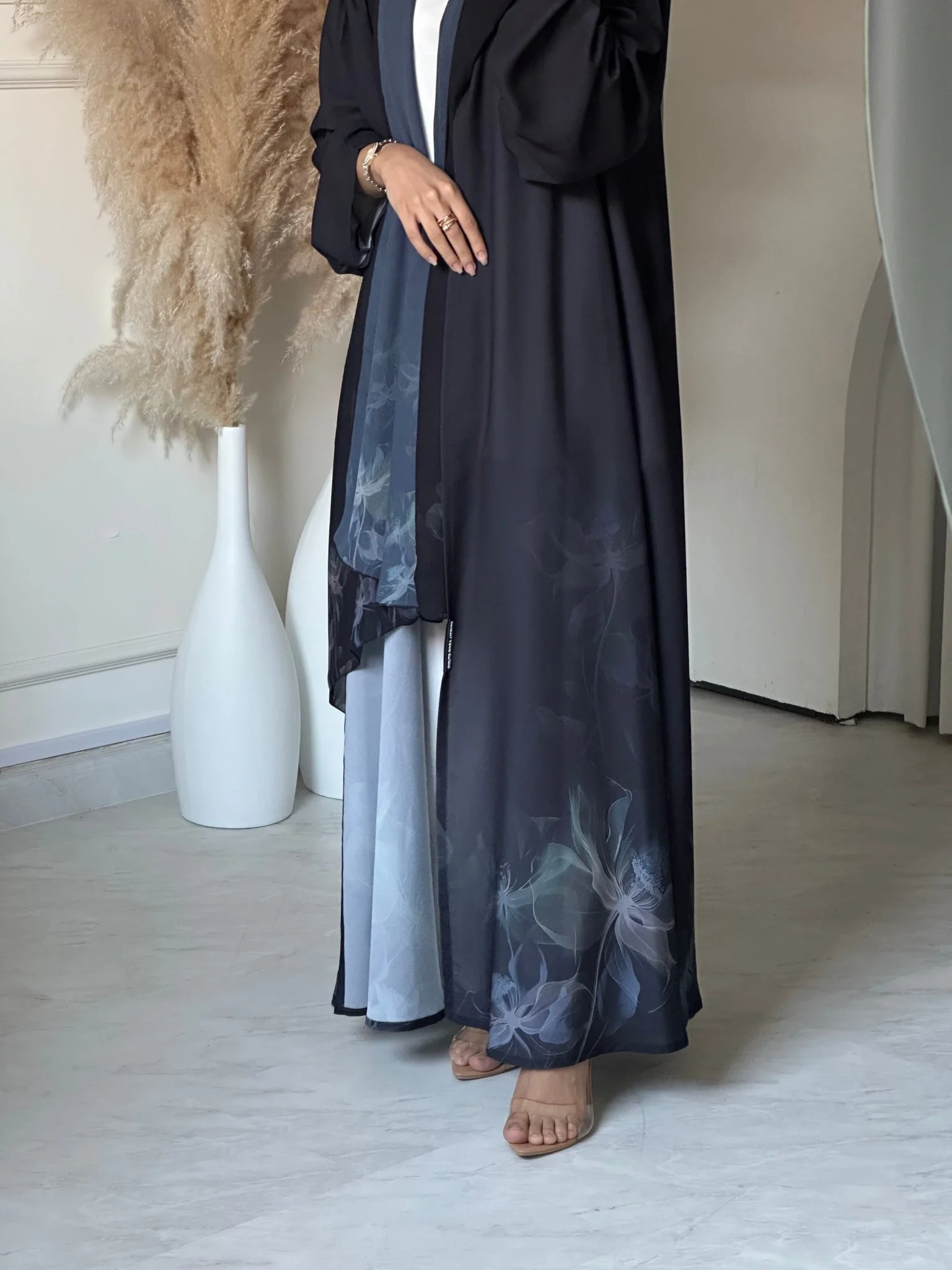 C 0666 Floral Dark Grey Abaya - Image 3
