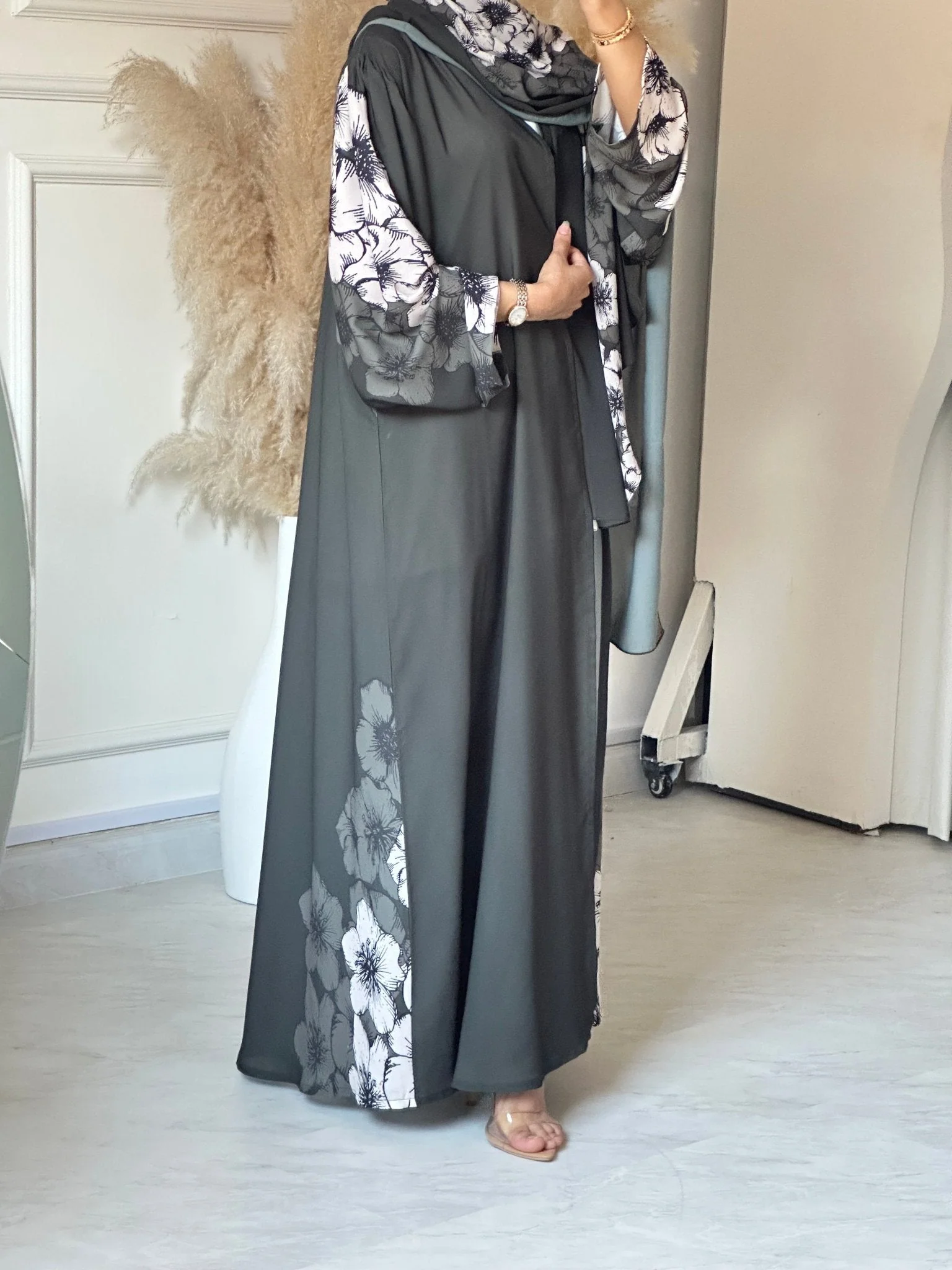 C RTW 0667 Olive Floral Printed Abaya - Image 2