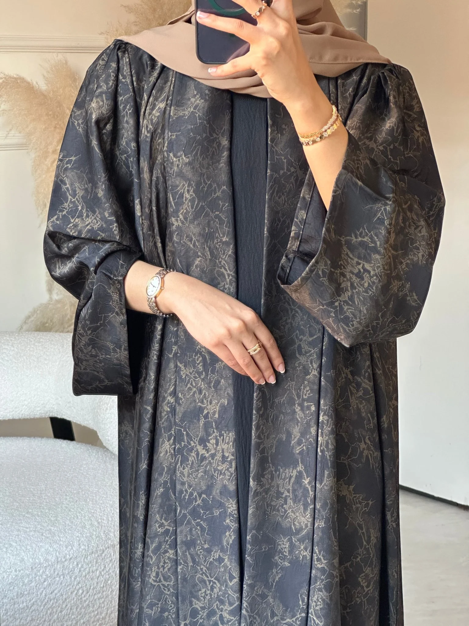 C 0682-02 Gold Metallic Printed Abaya - Image 6