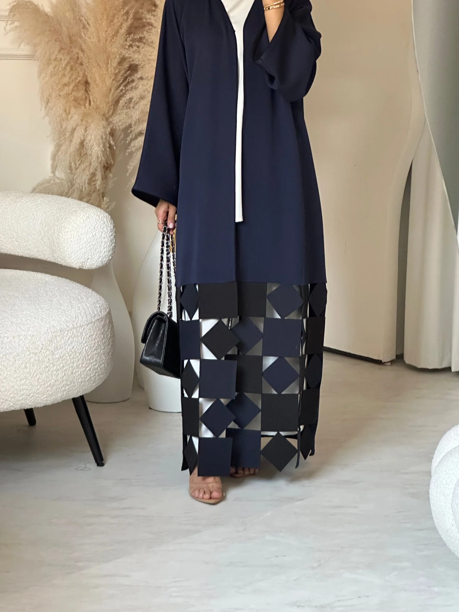 C 0697 Geometric Lasercut Navy Blue Abaya - Image 2