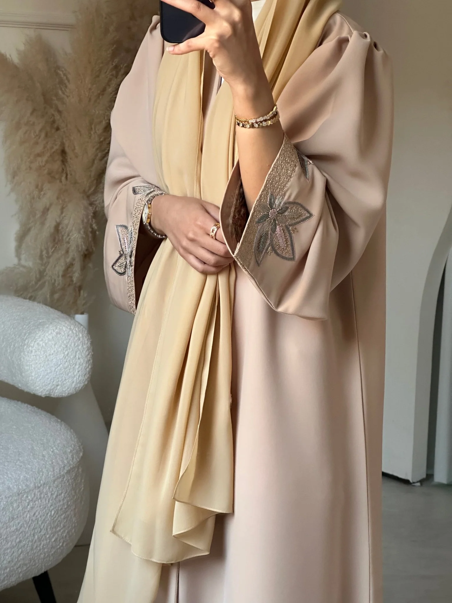 C 0703 Embroidered Beige Abaya - Image 3