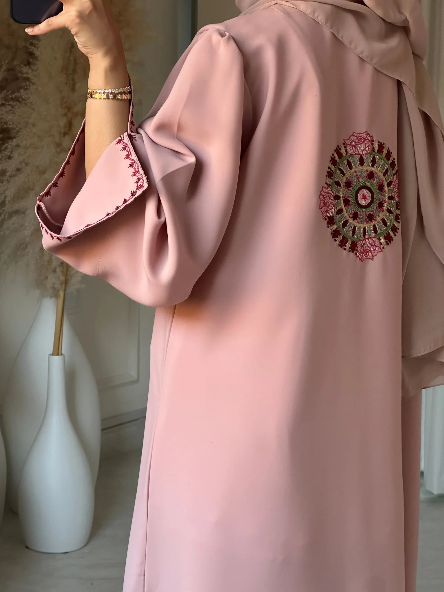C 0704 Embroidered Pink Abaya - Image 4