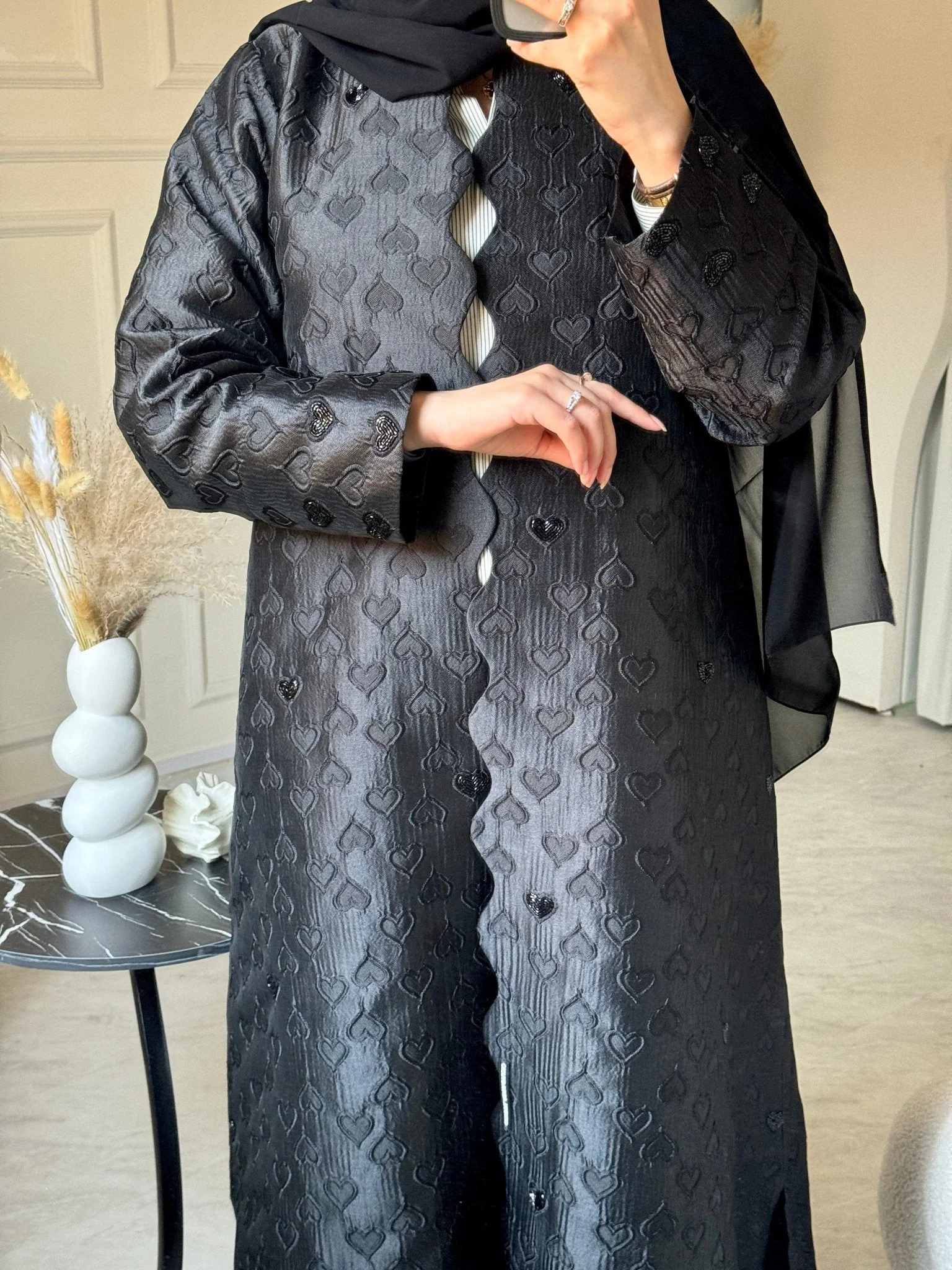 C RTW 0715-02 Beaded Printed Black Abaya - Image 6
