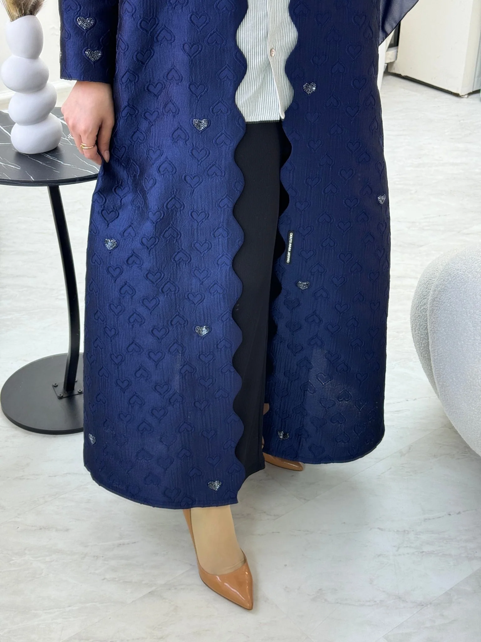 C 0715-03 Beaded Printed Navy Blue Abaya - Image 5