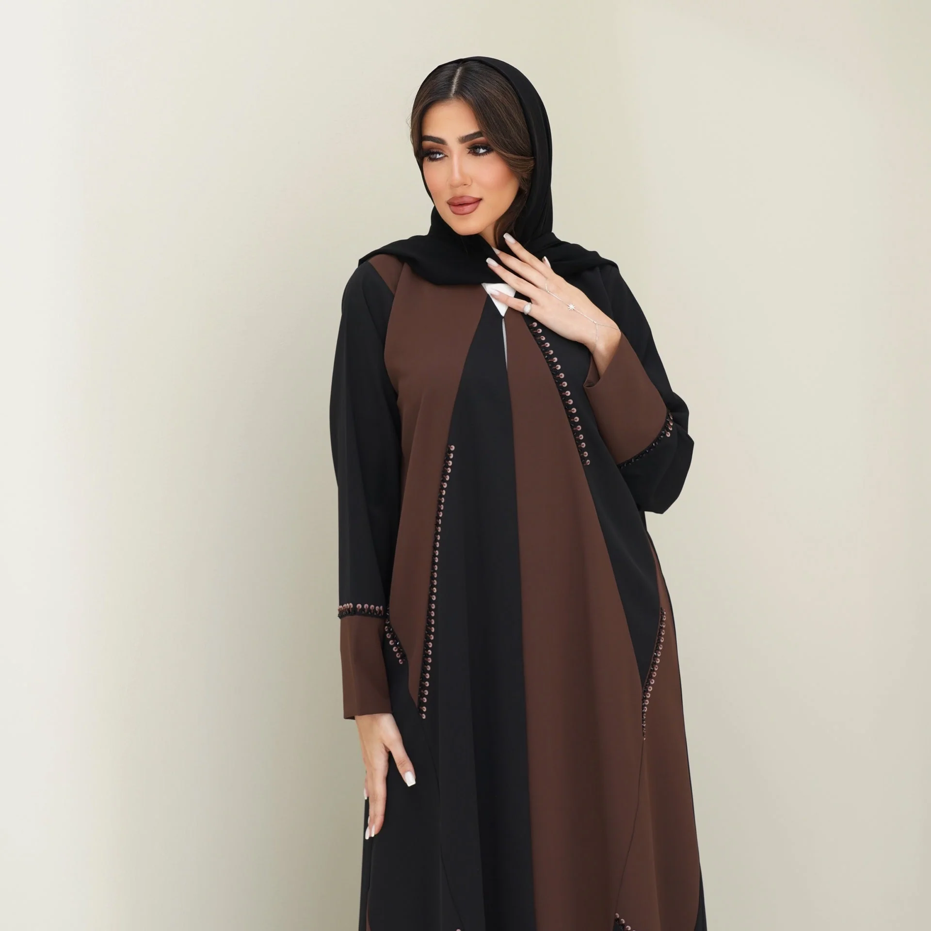 C 0756 Black Brown Beaded Abaya - Image 6