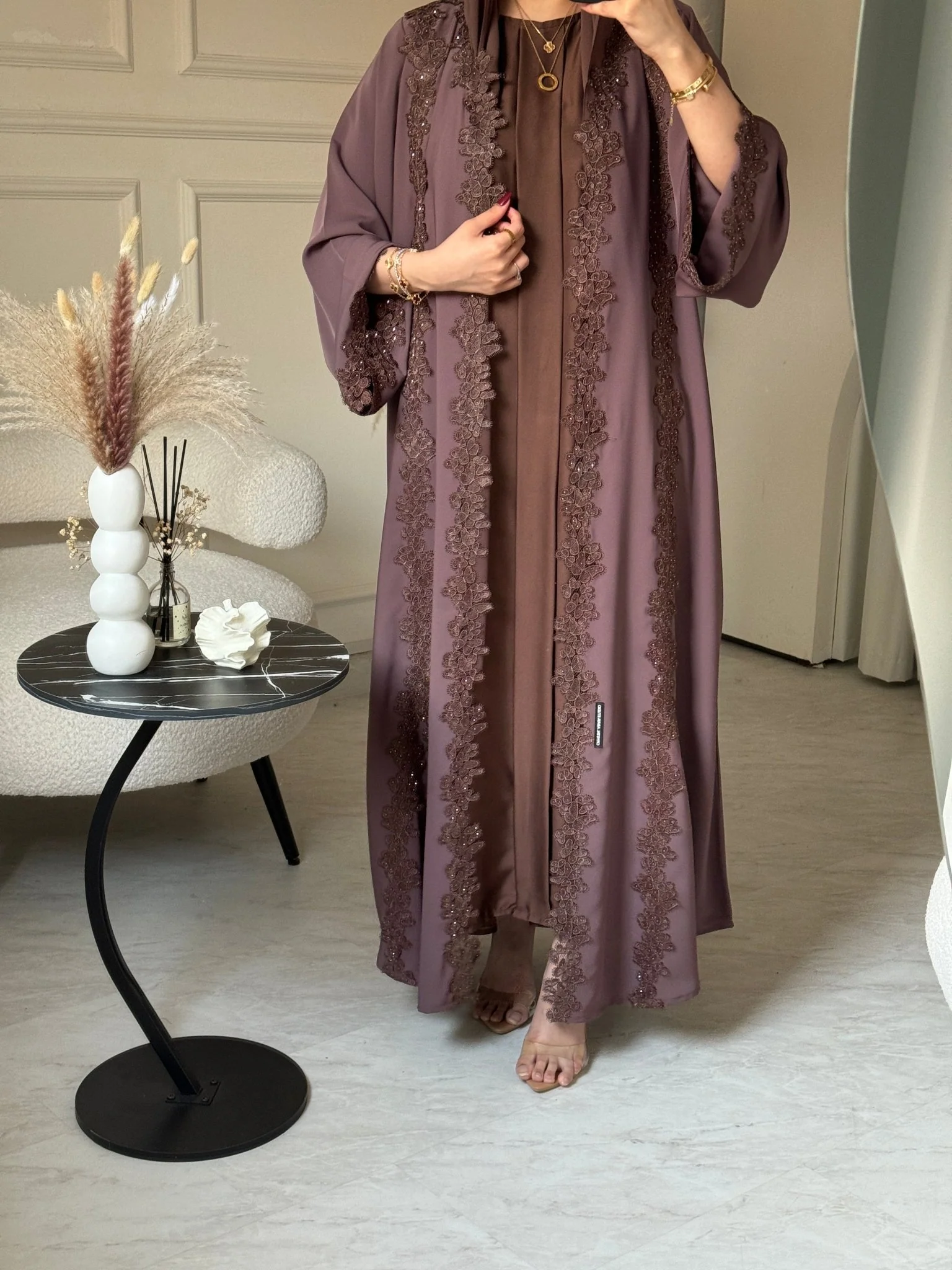 C 0775-02 Chocolate Brown Butterfly Lace Abaya - Image 2