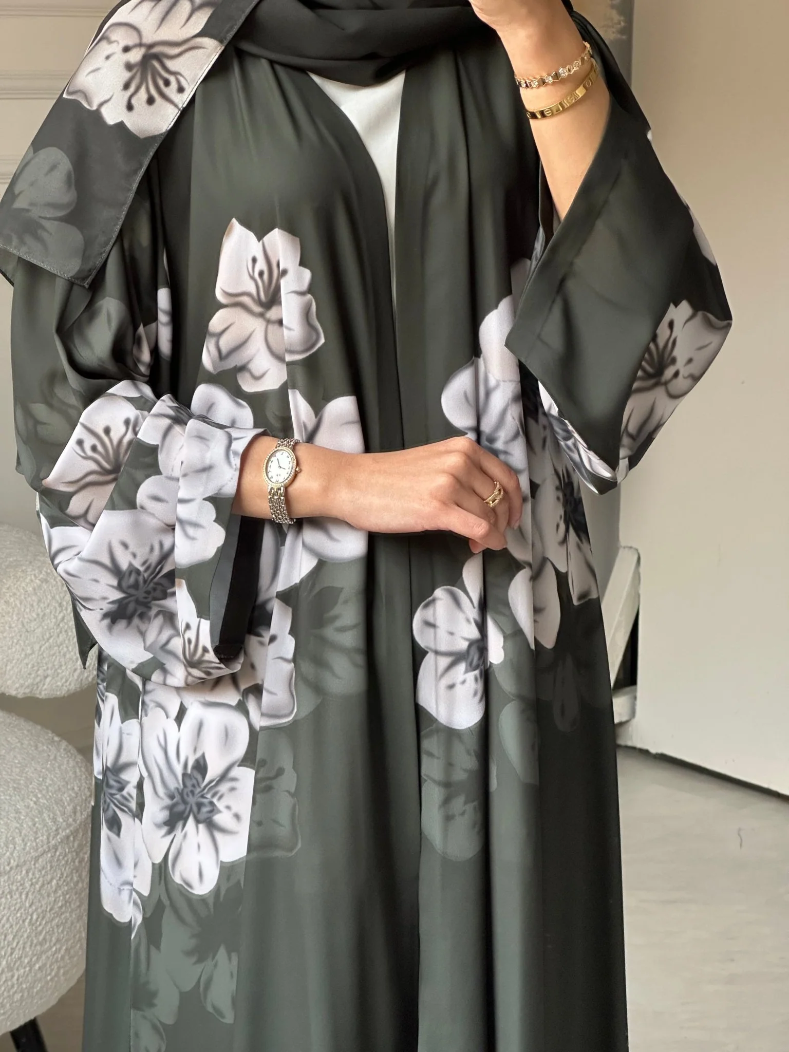 C 0783 Green Floral Printed Abaya - Image 7