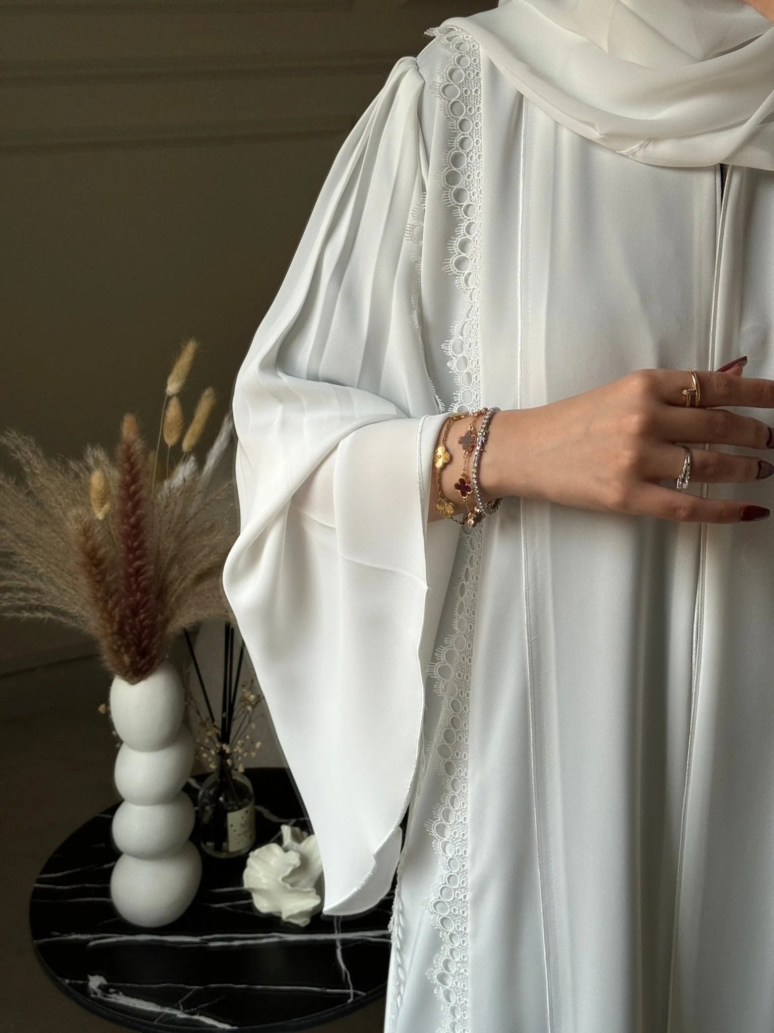 C RTW 0788 White Lace Nada Abaya - Image 3