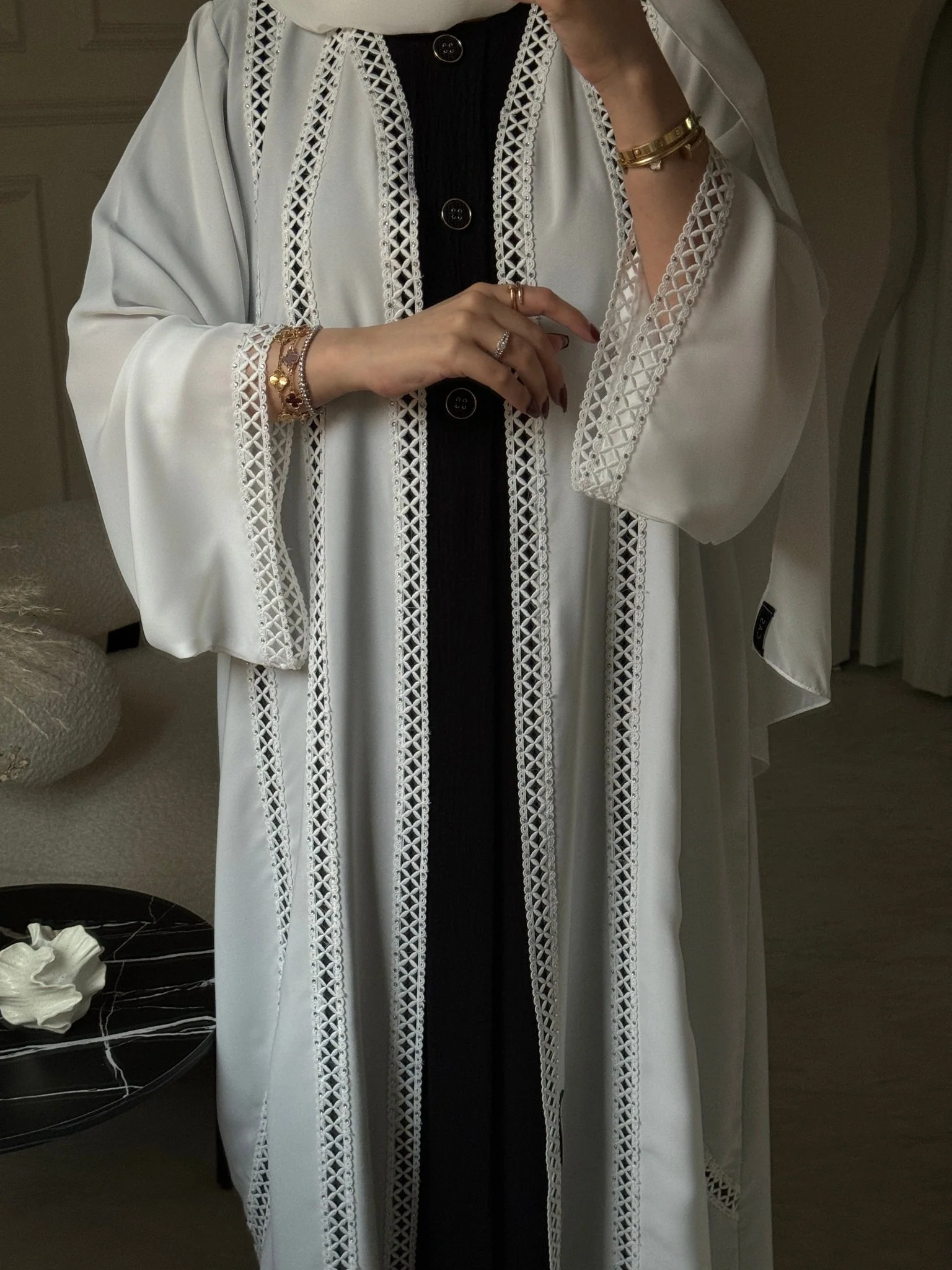 C 0789 White Lace Nada Abaya - Image 3