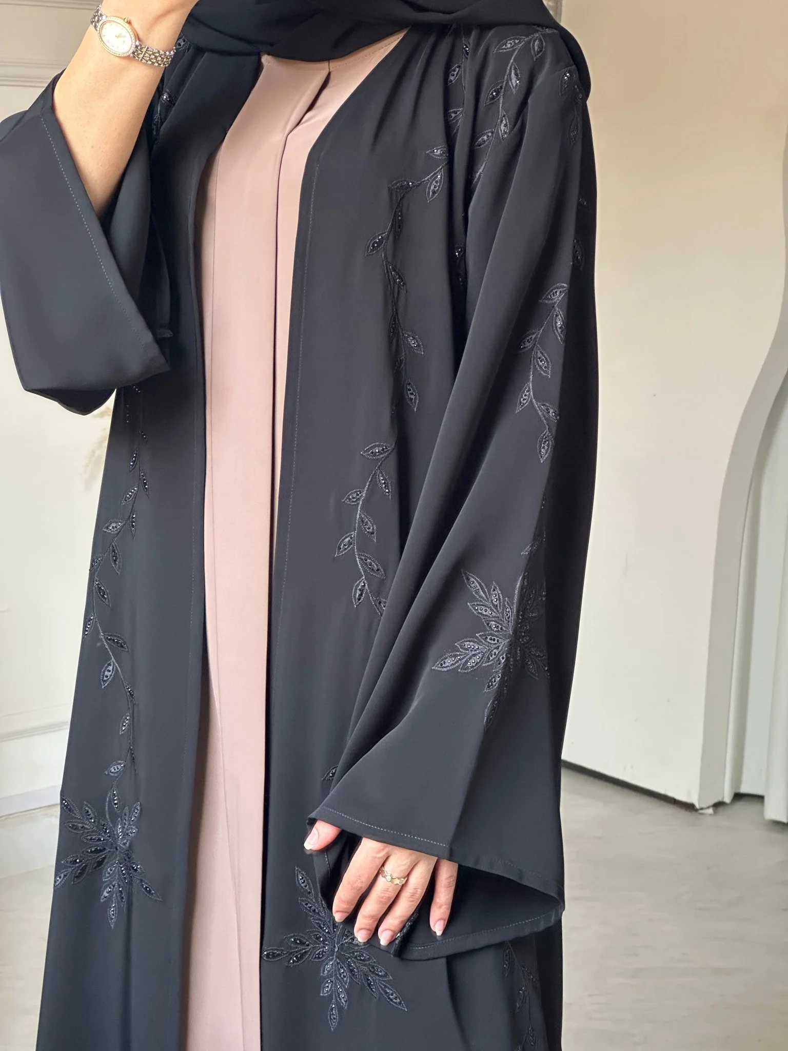 C 0792 Black Floral Beaded Abaya - Image 3