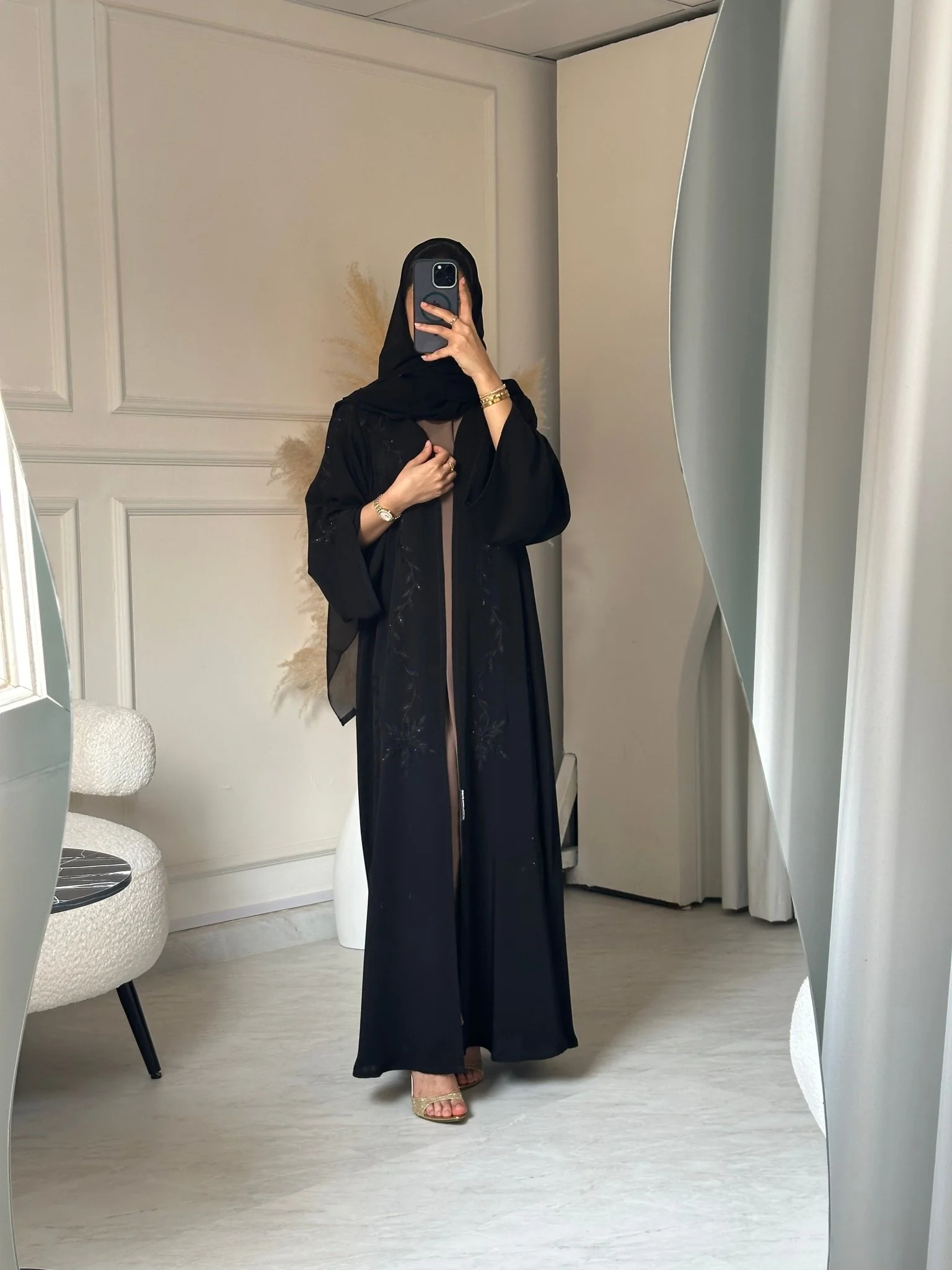 C 0792 Black Floral Beaded Abaya - Image 4