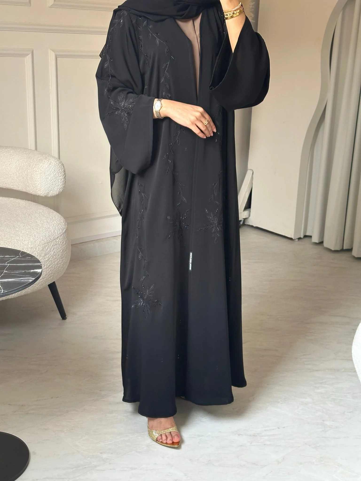 C 0792 Black Floral Beaded Abaya - Image 6