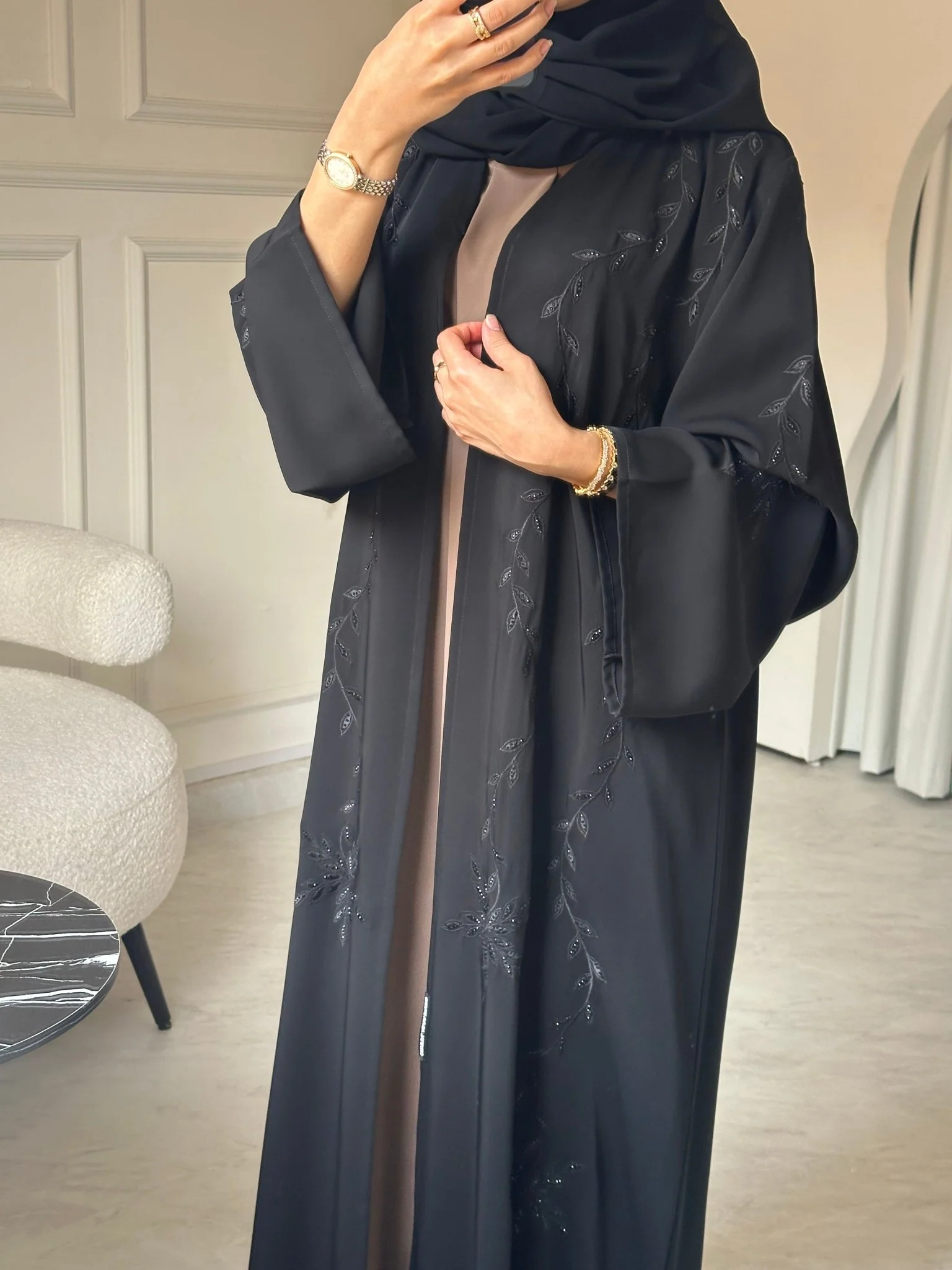 C 0792 Black Floral Beaded Abaya - Image 7