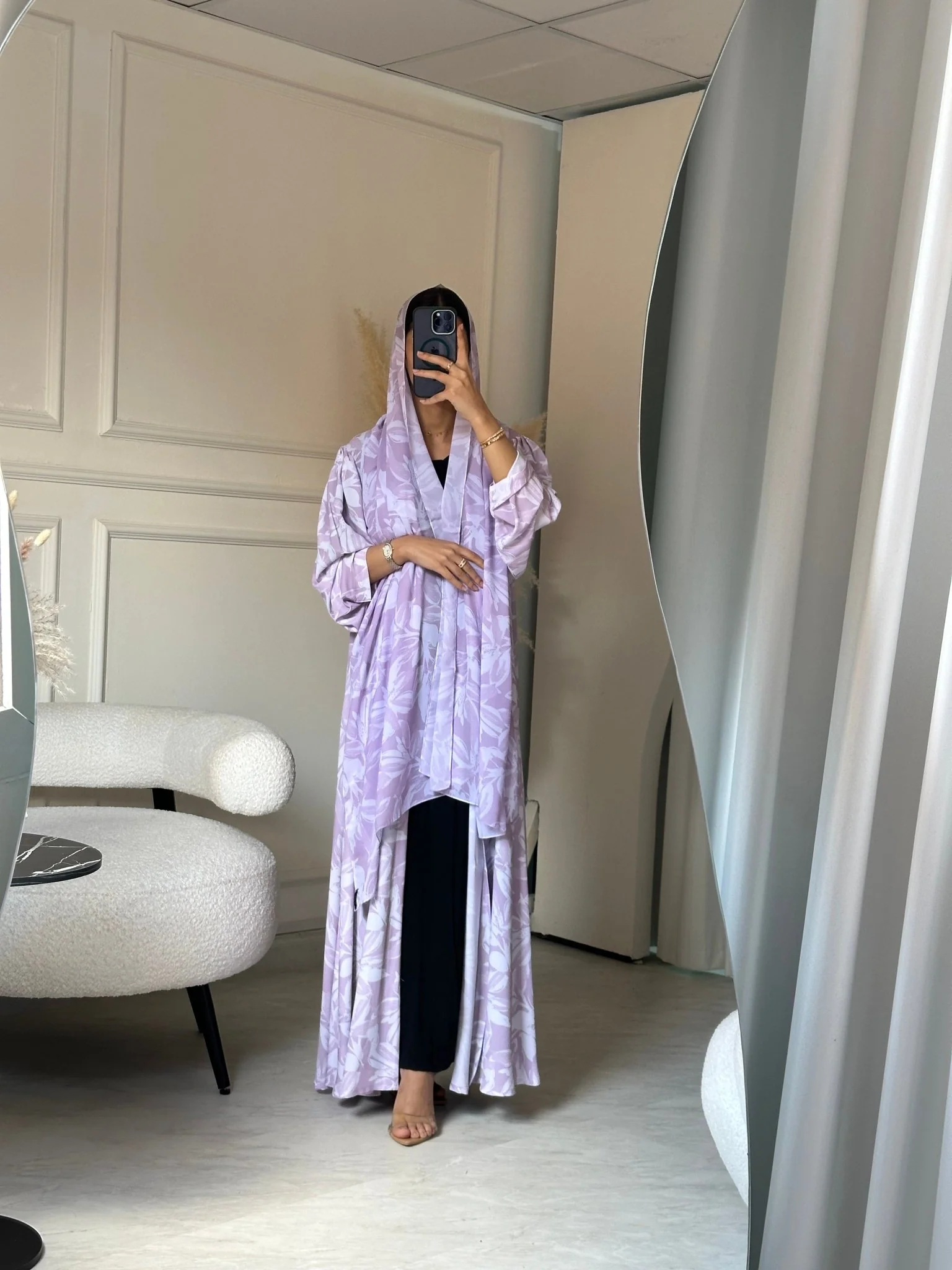 C 0805 Pink Printed Abaya - Image 5
