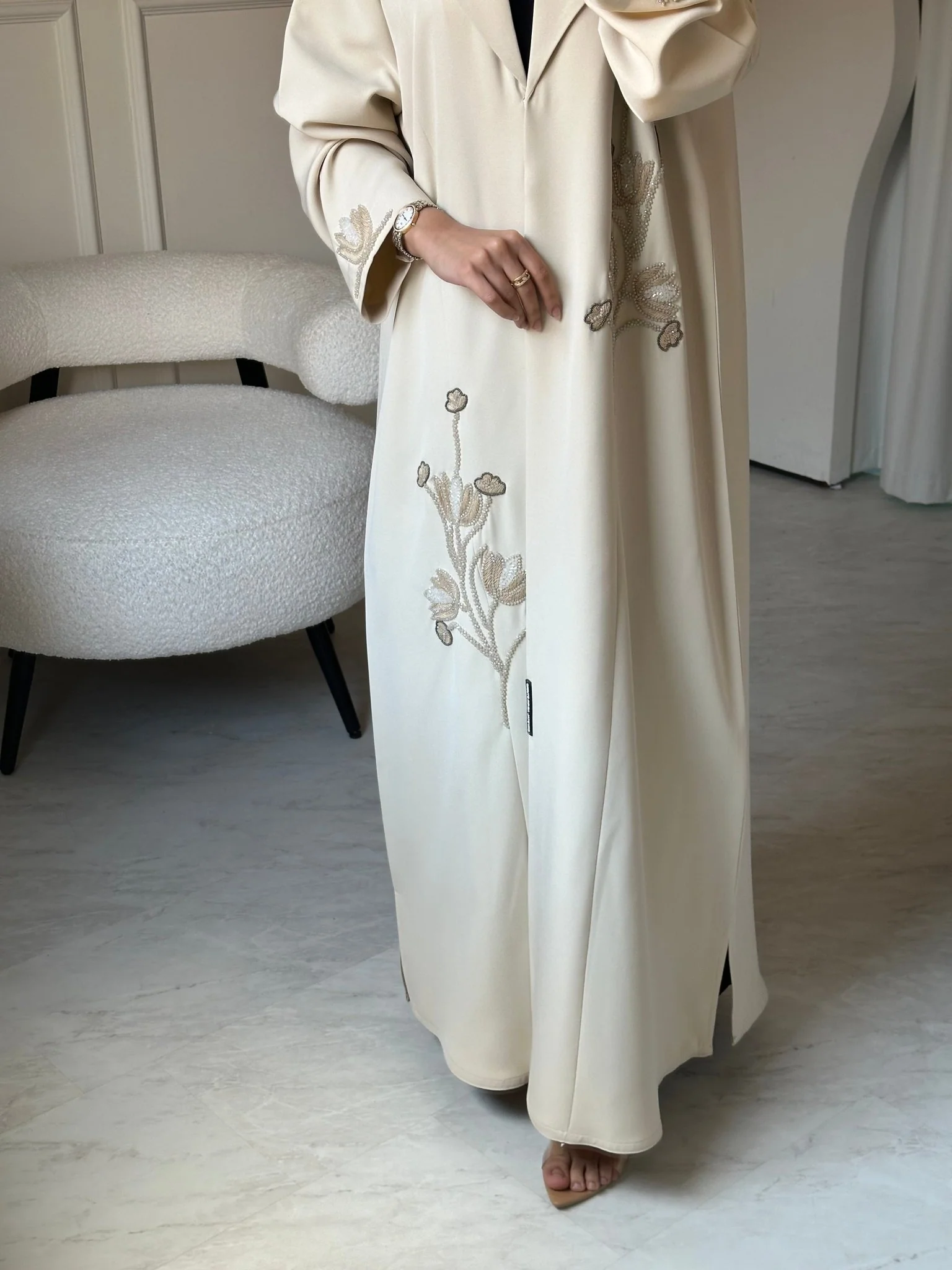 C 0810 Cream Beaded Abaya - Image 6