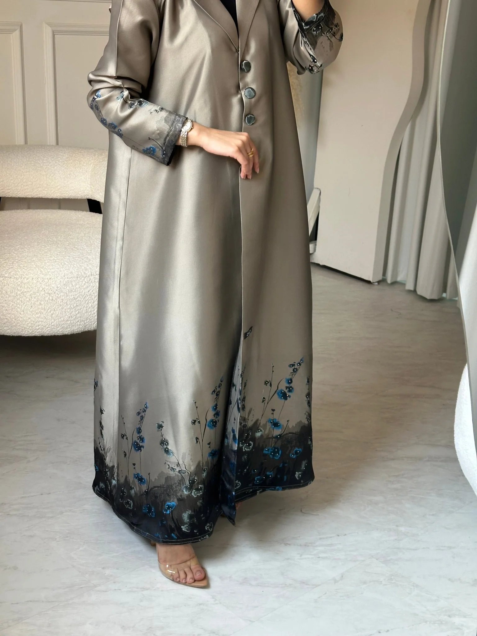 C RTW 0823-01 Beige Floral Printed Abaya - Image 2