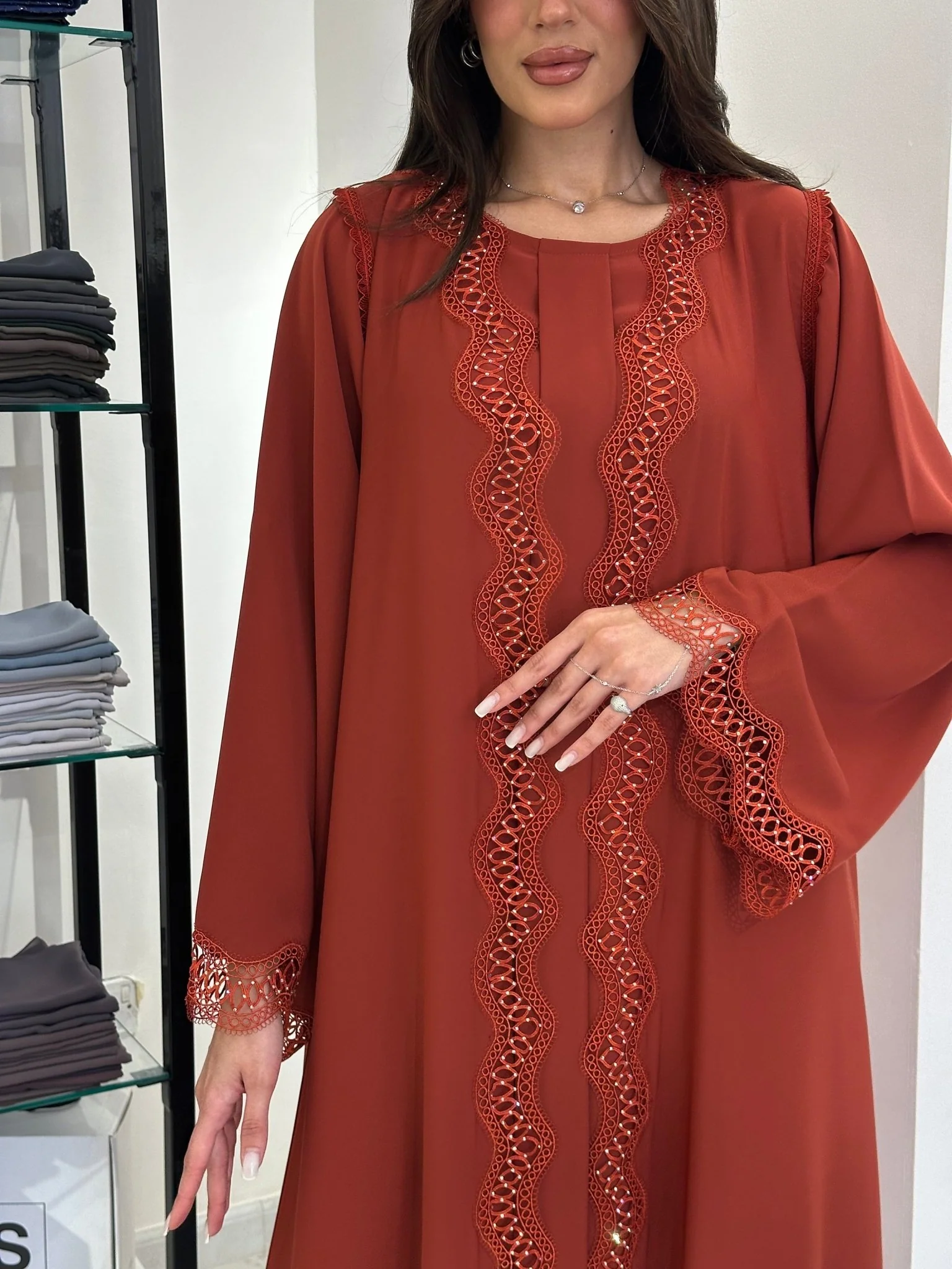 C 0835 Burnt Orange Lace Abaya - Image 7