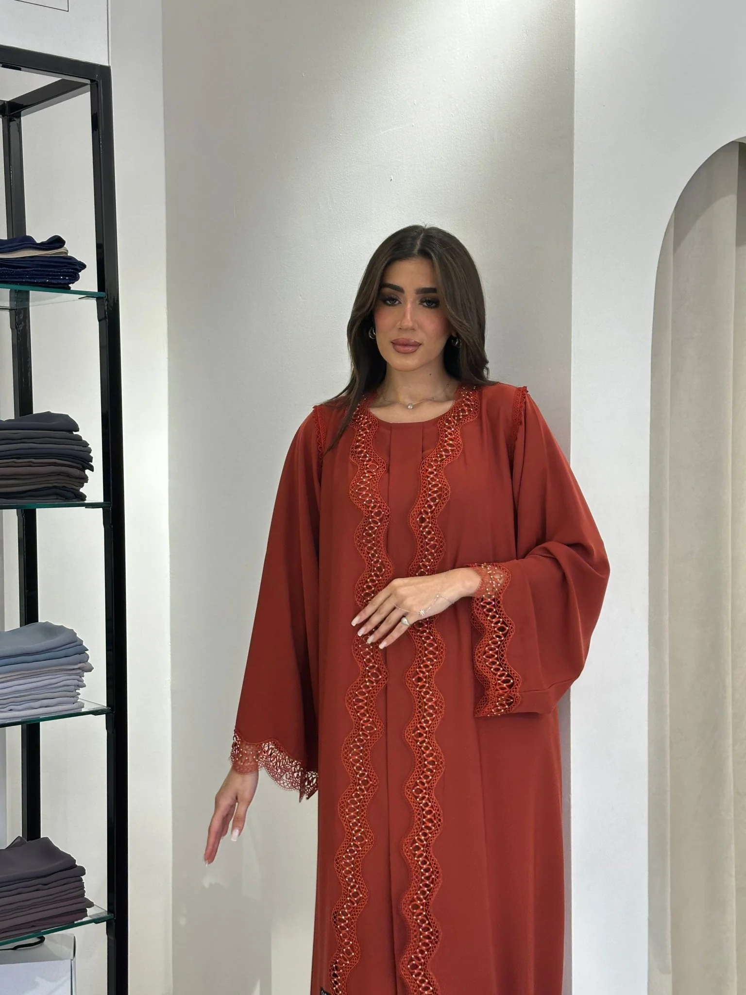 C 0835 Burnt Orange Lace Abaya - Image 9