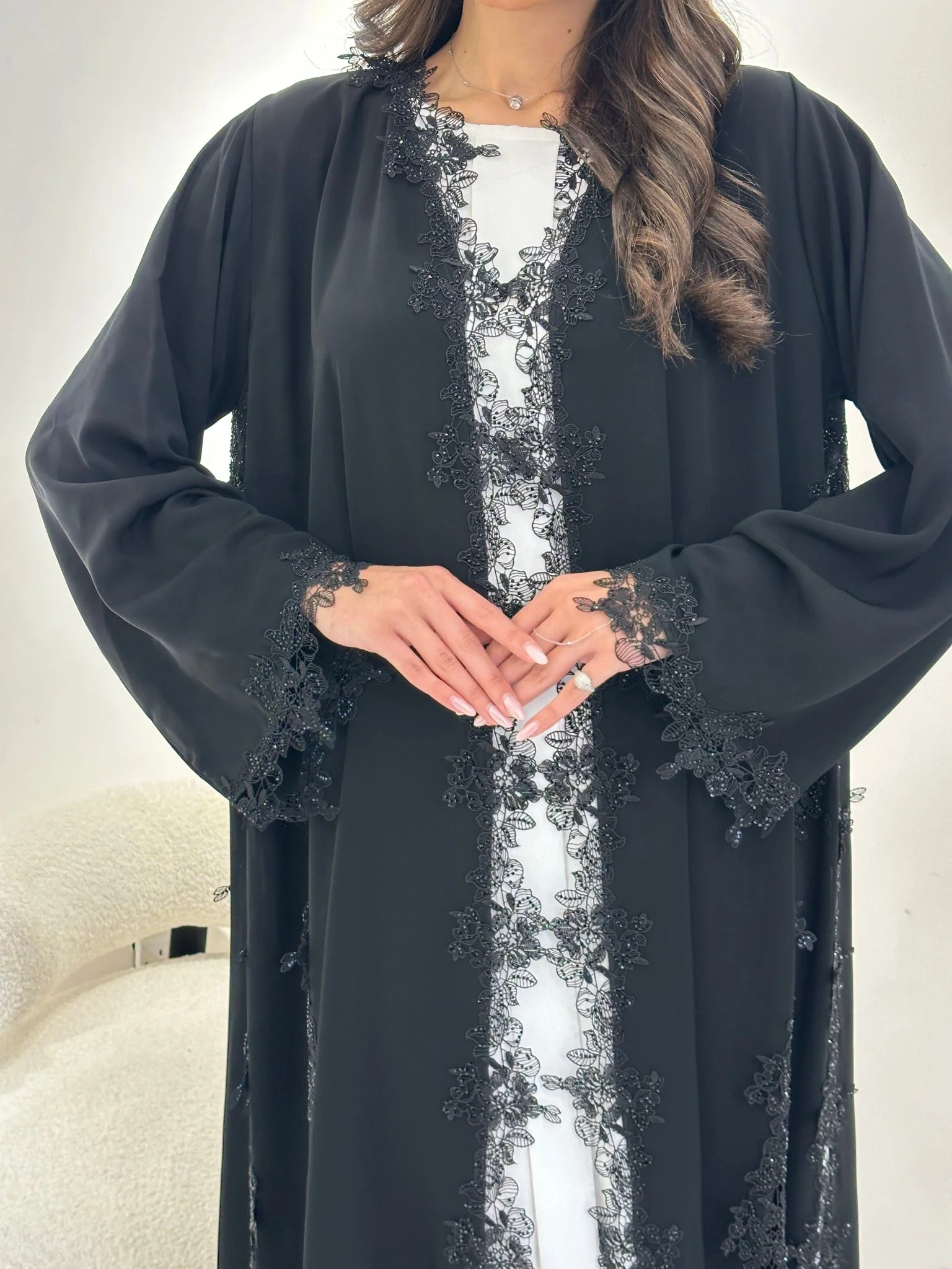 C 0896 Black Lace Abaya - Image 2