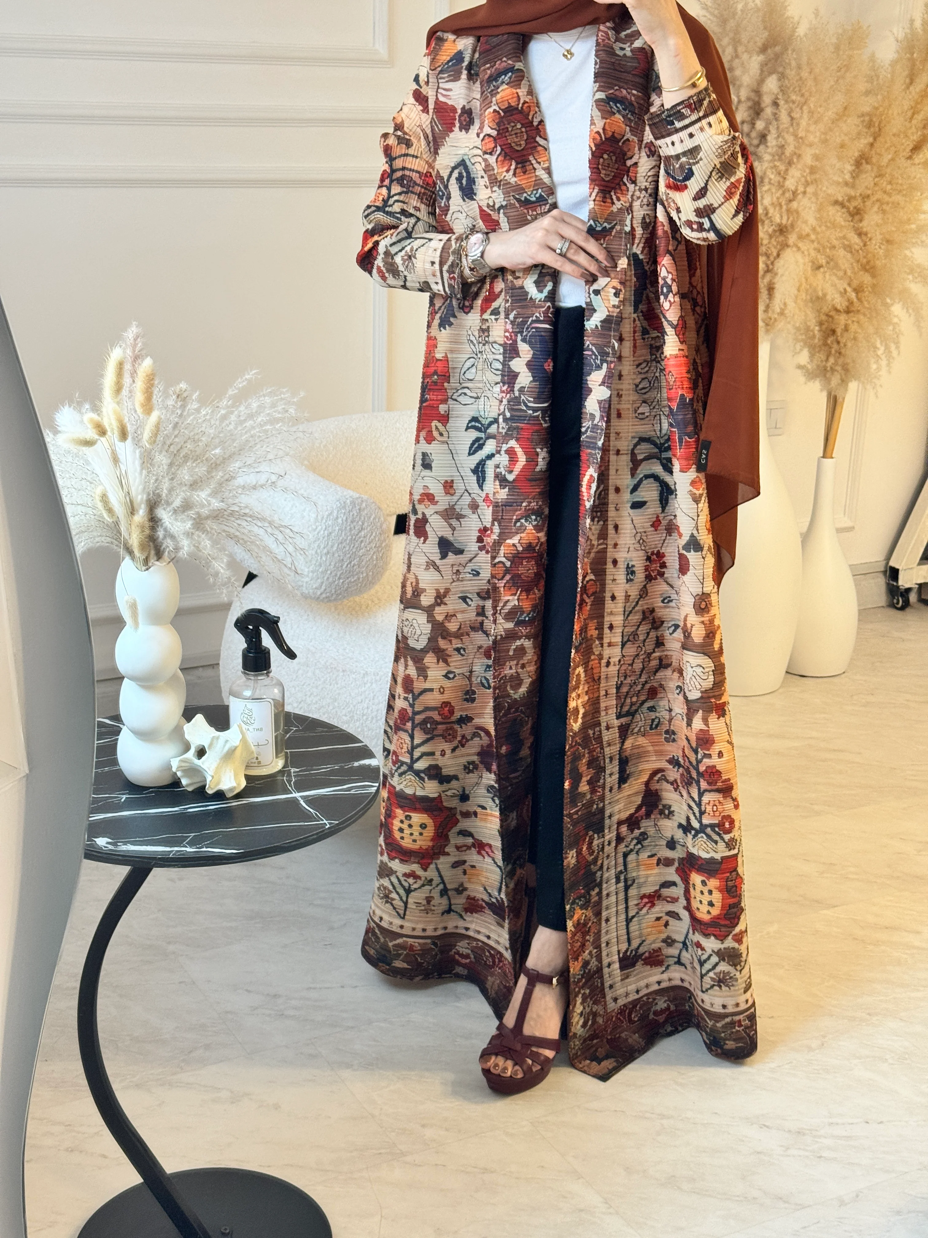 C RTW 09 Cinnamon Pleated Print Abaya - Image 2