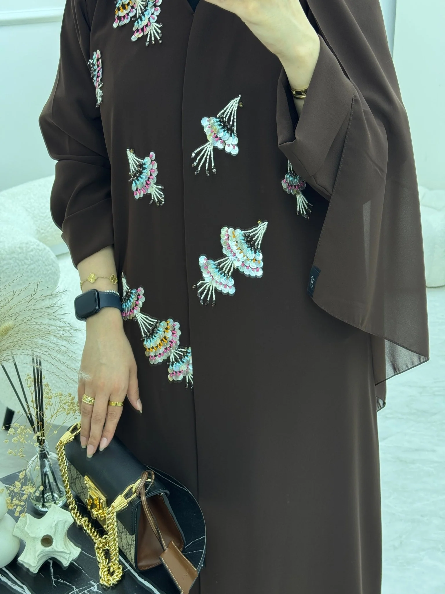 C RTW 0923 Deep Brown Beaded Eid Abaya - Image 2