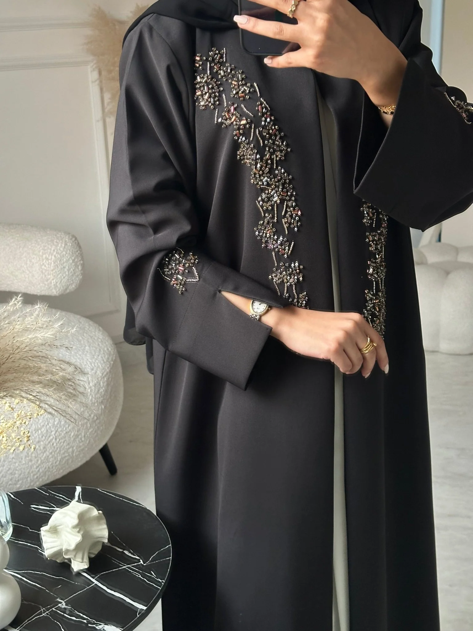 C 0954 Black Beaded Abaya - Image 6
