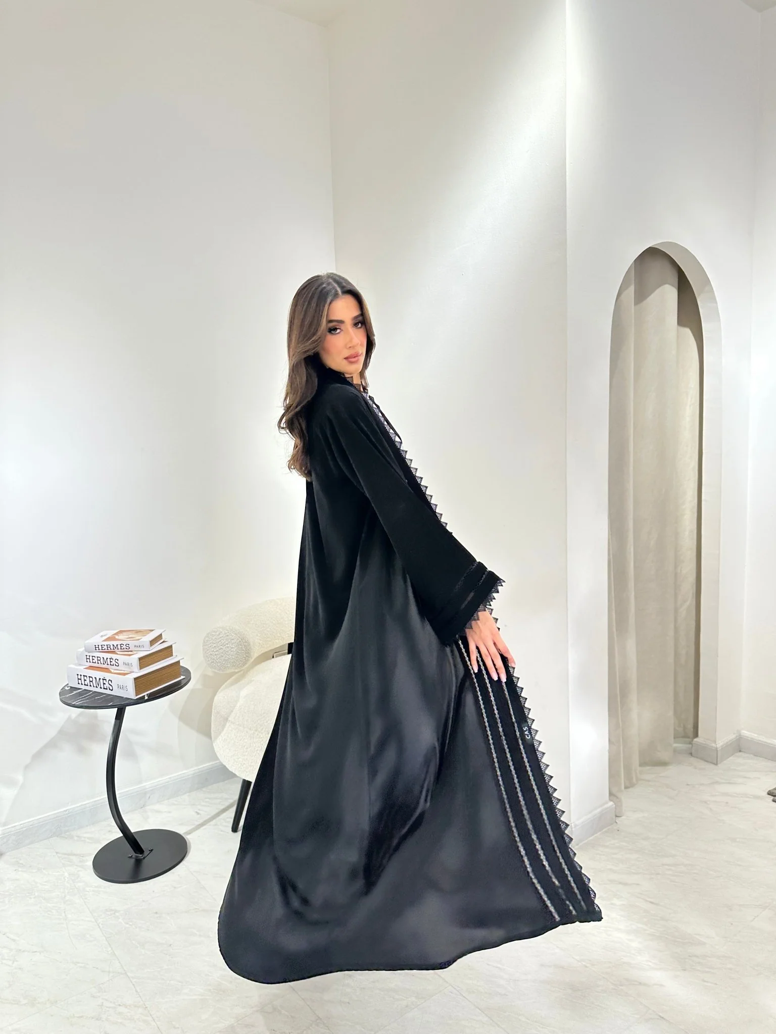 C RTW 0971 Black Lace Pleated Abaya - Image 5