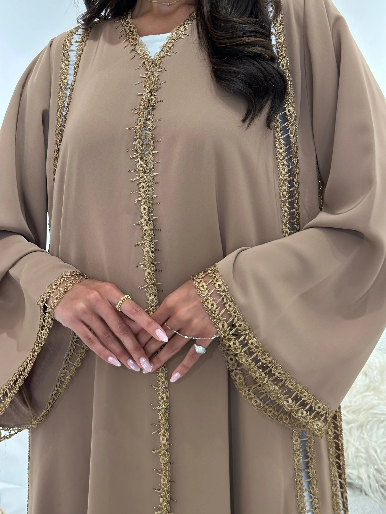 C 1047 Mustard Lace Abaya - Image 2