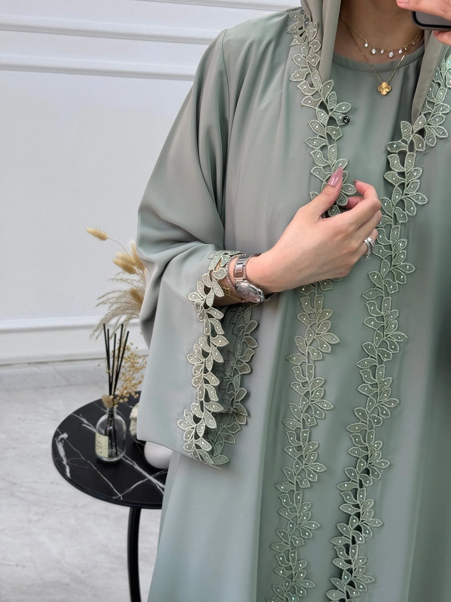 C 1109 Sweet Mint Lace Abaya - Image 2