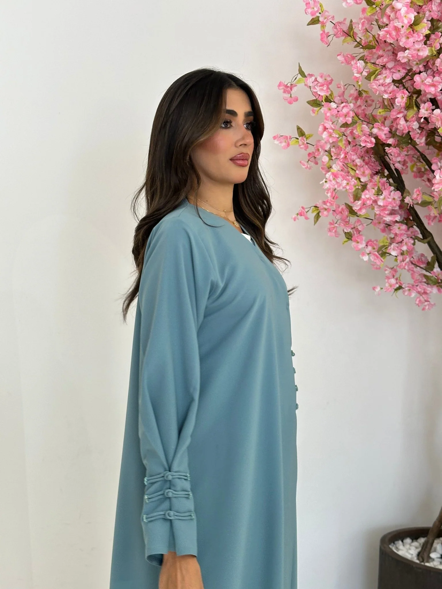 C 1226 Pastel Teal Beaded Abaya - Image 4
