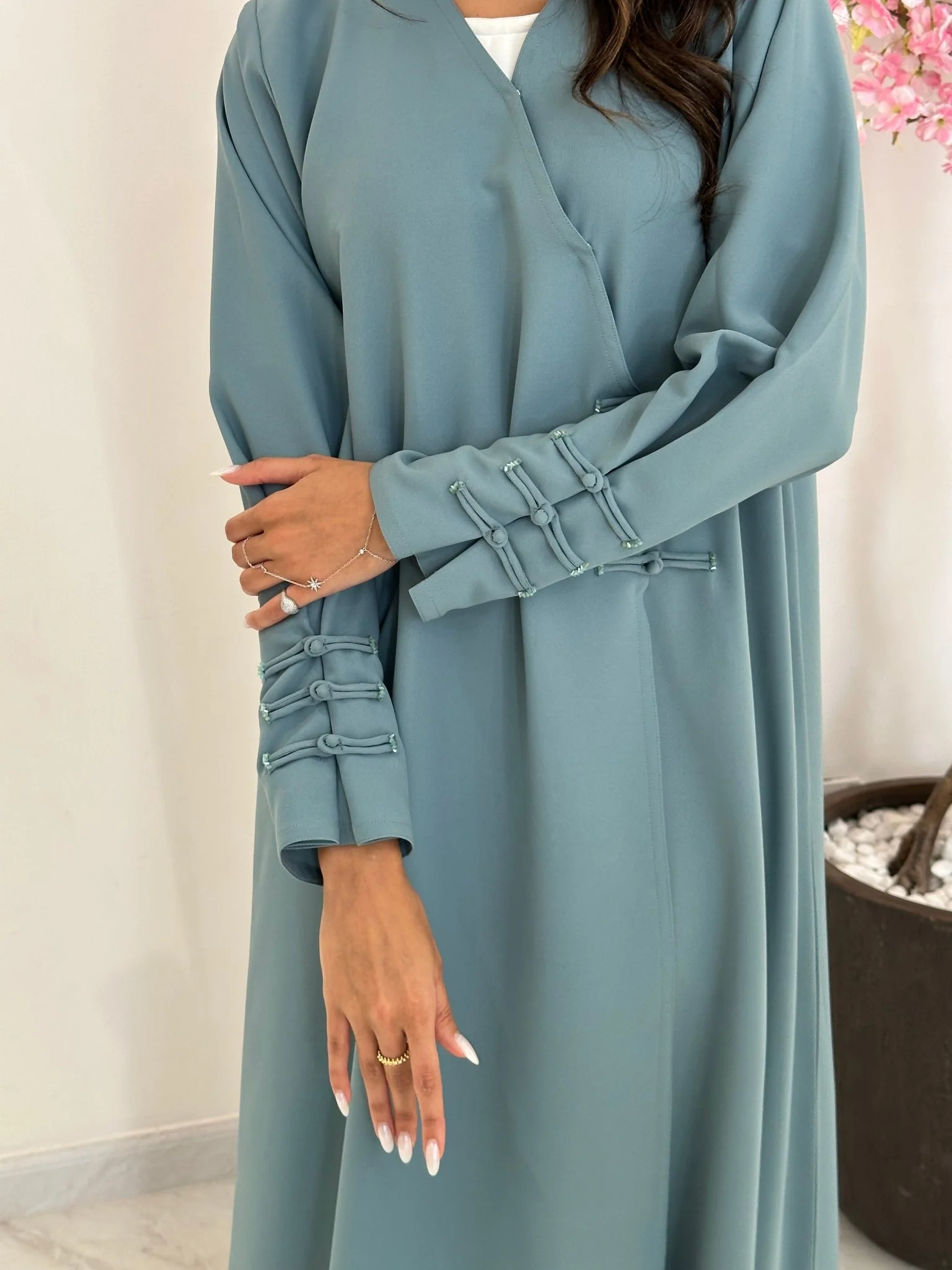 C 1226 Pastel Teal Beaded Abaya - Image 6