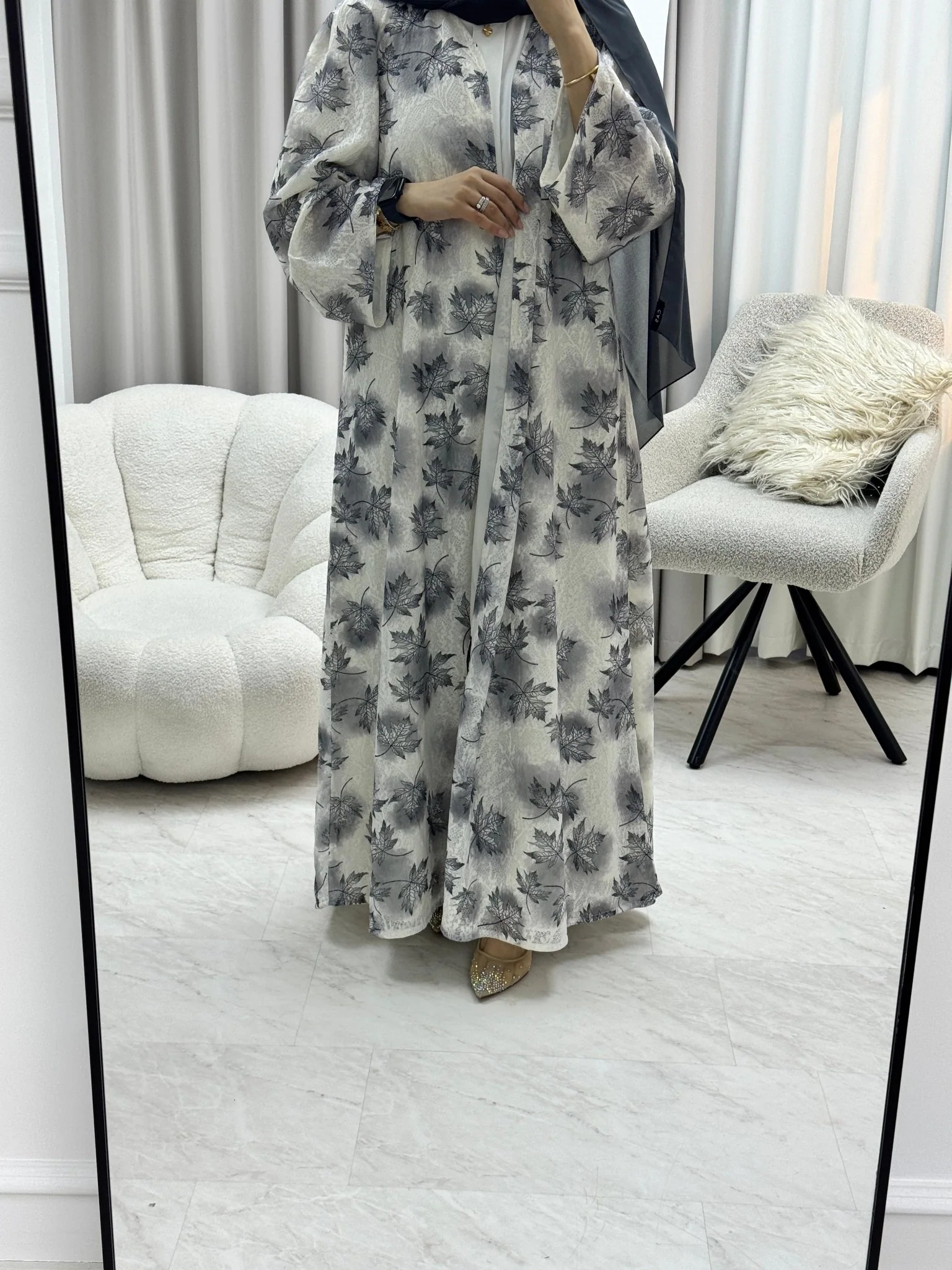 C 1280-04 Light Grey Dantel Abaya - Image 2