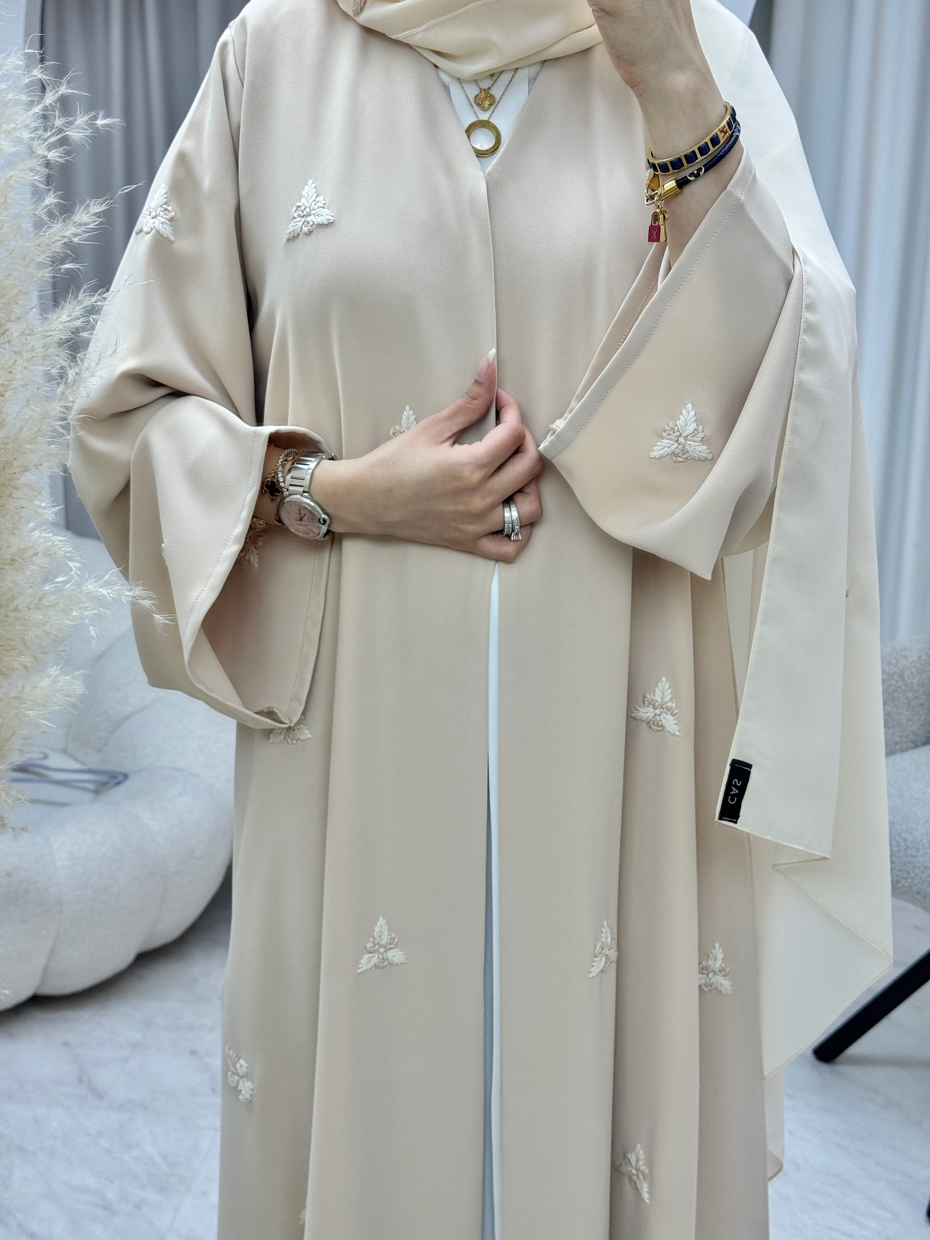 C RTW 1284-01 Beige Blush Embroidered Abaya