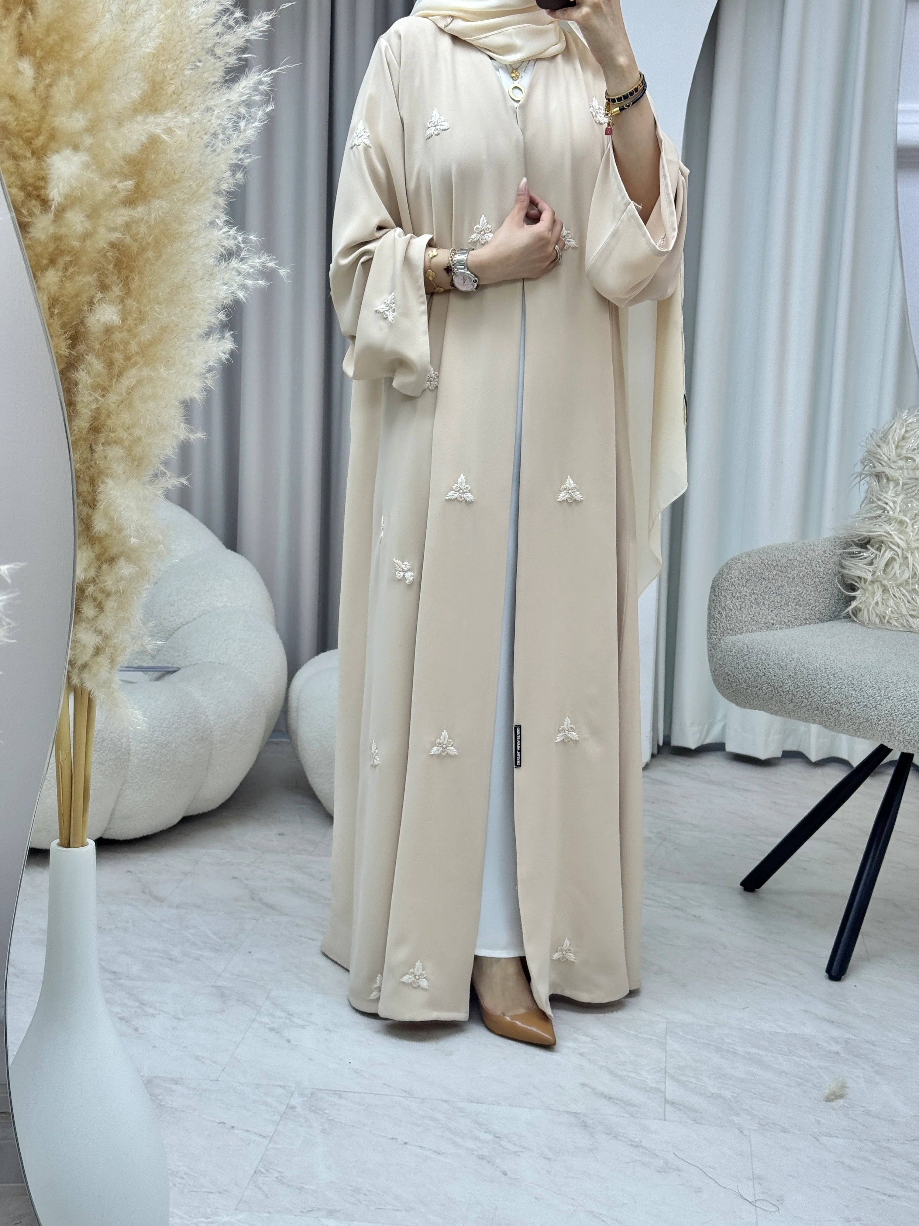 C RTW 1284-01 Beige Blush Embroidered Abaya - Image 2