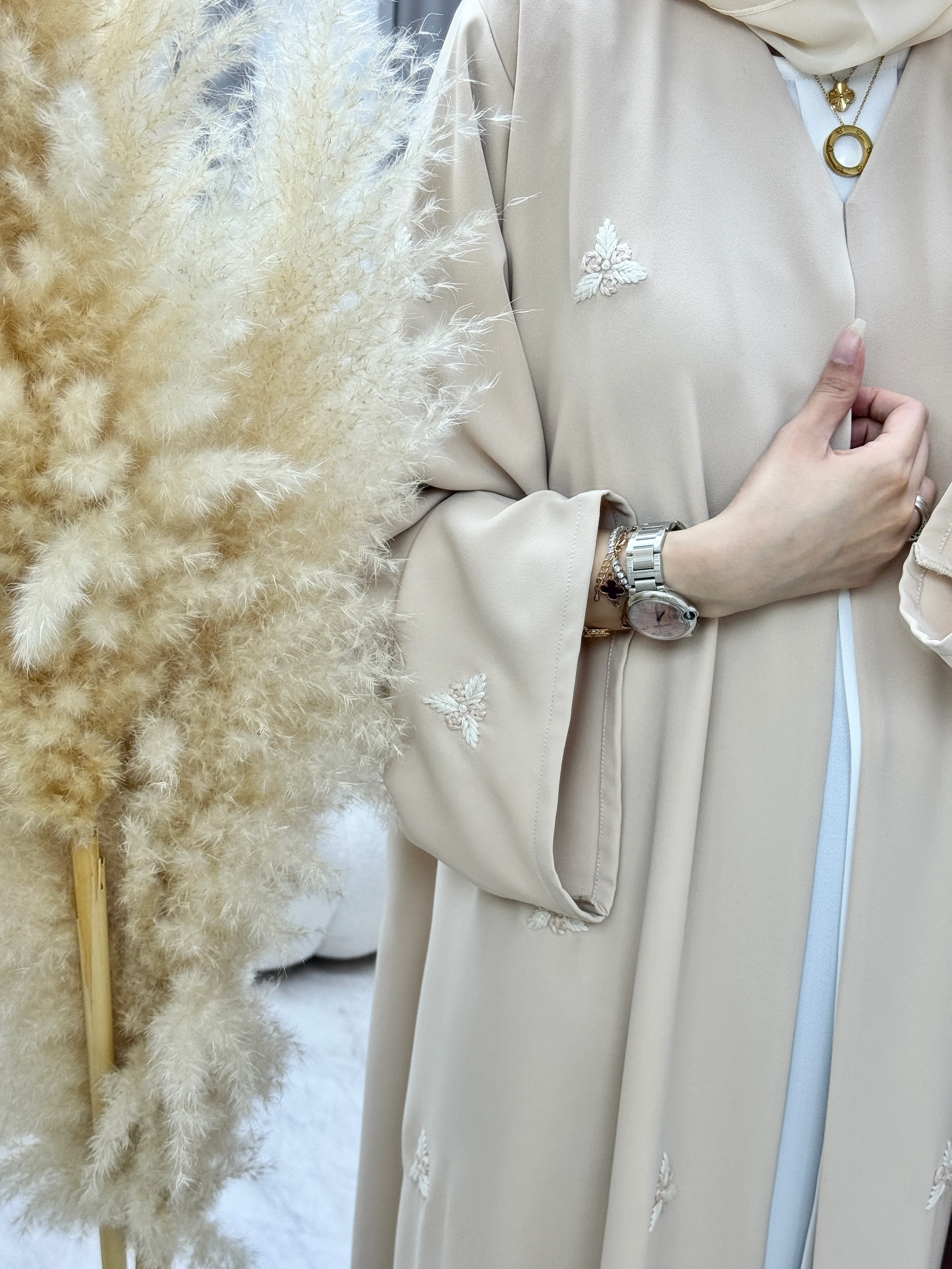 C RTW 1284-01 Beige Blush Embroidered Abaya - Image 3