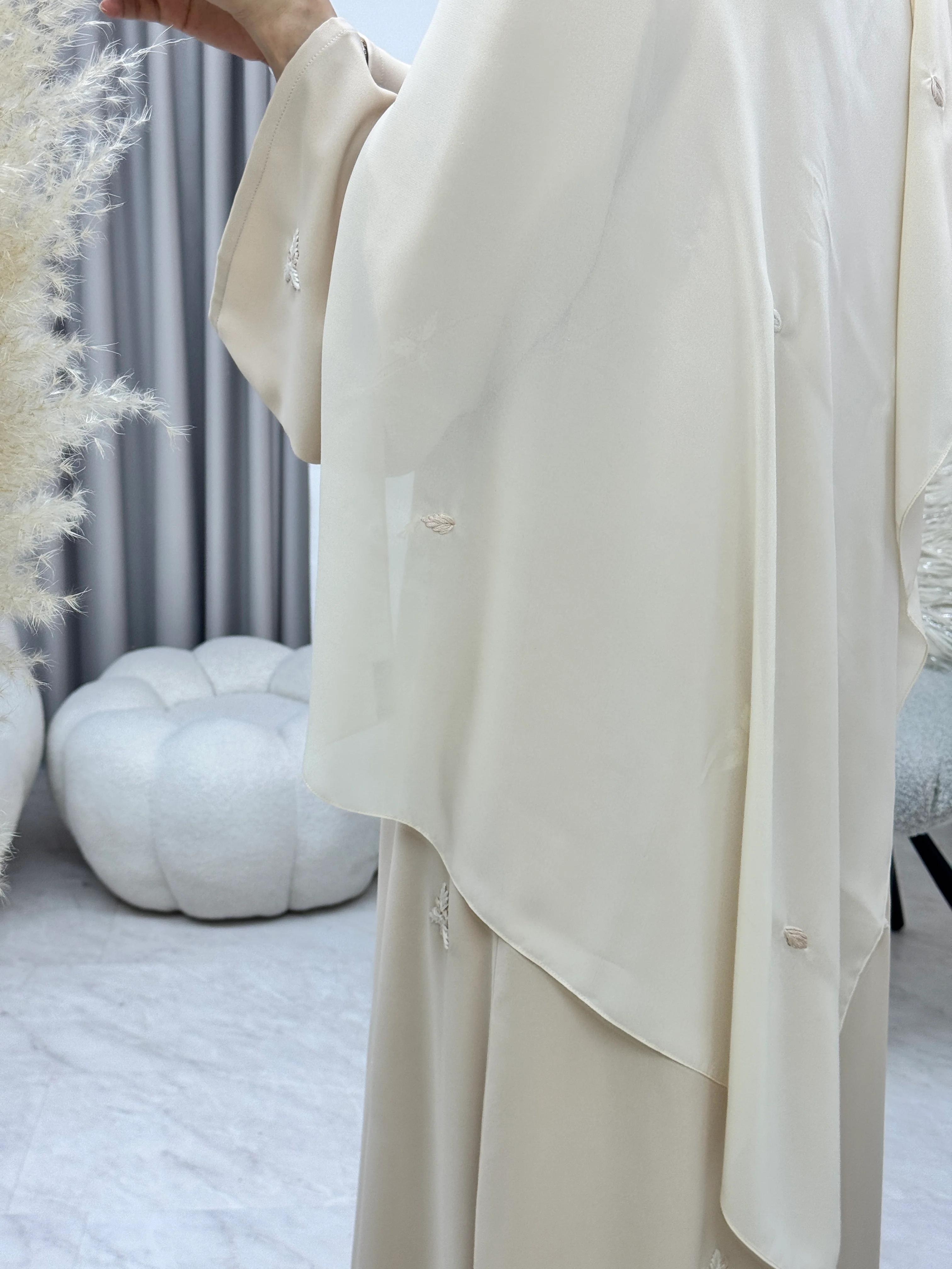 C RTW 1284-01 Beige Blush Embroidered Abaya - Image 4