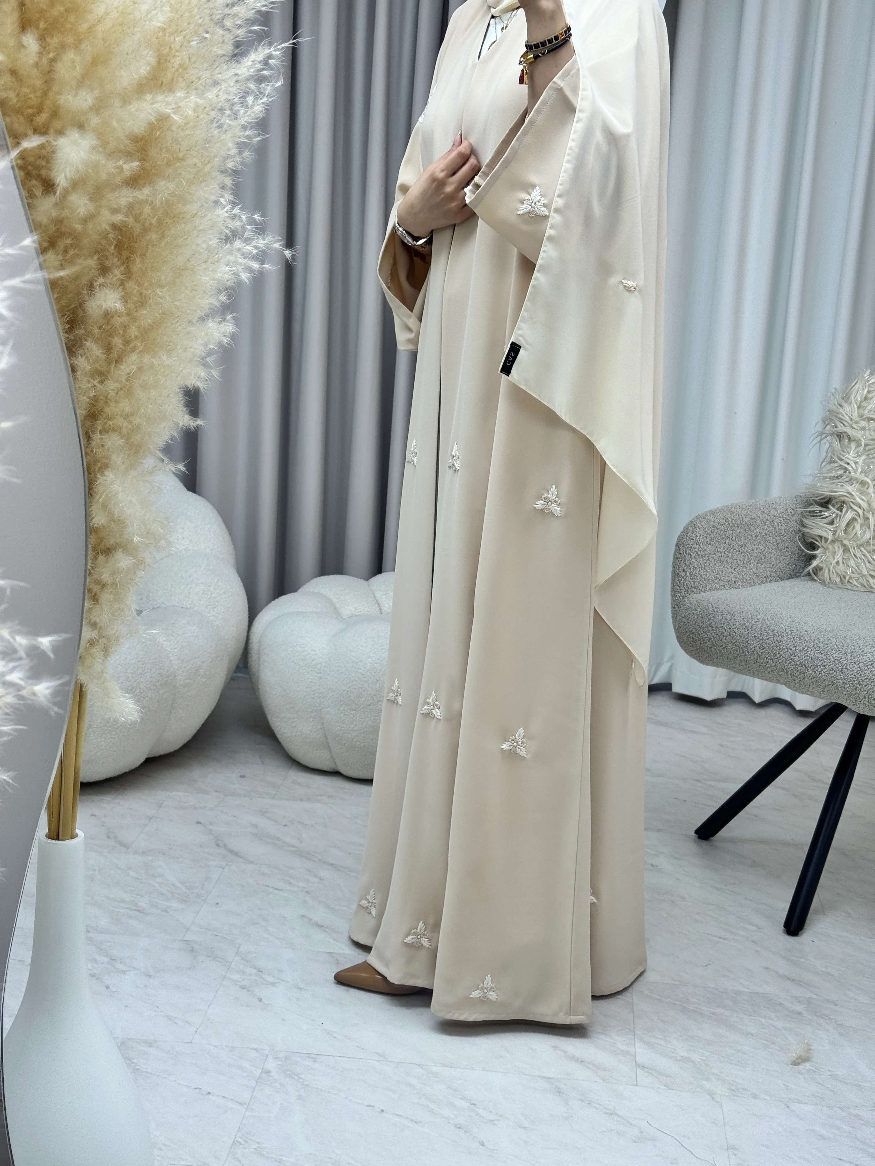 C RTW 1284-01 Beige Blush Embroidered Abaya - Image 5