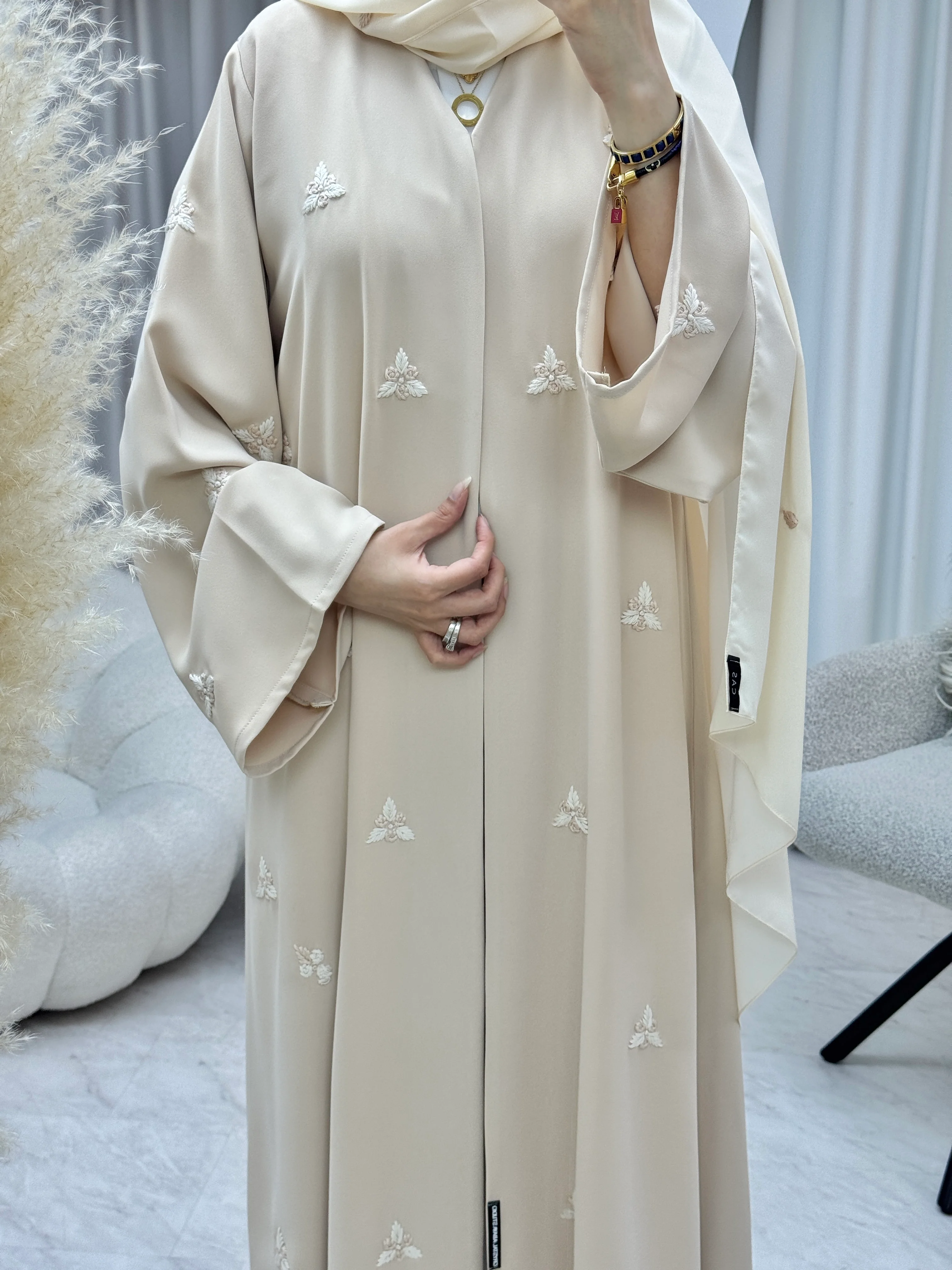 C RTW 1284-01 Beige Blush Embroidered Abaya - Image 6