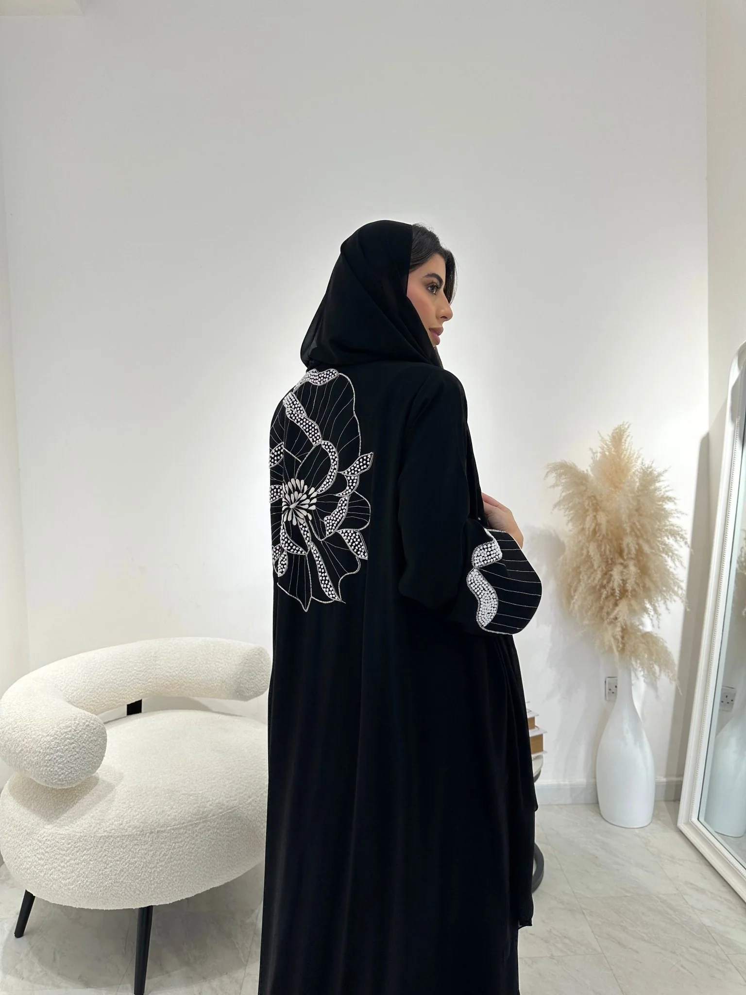 C 1297 Black Embroidered Abaya - Image 5