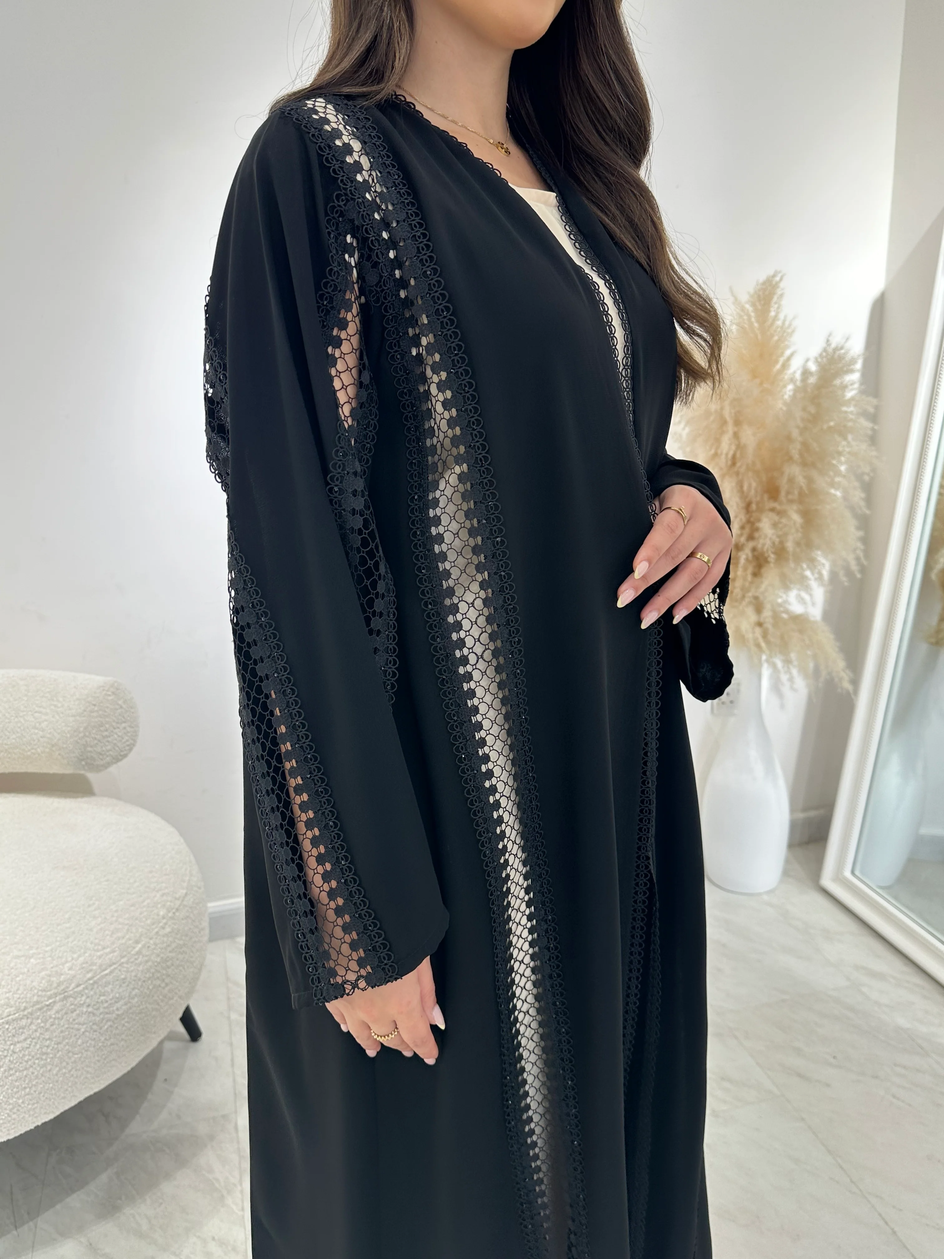 C 1315 Black Crystal Lace Abaya - Image 2
